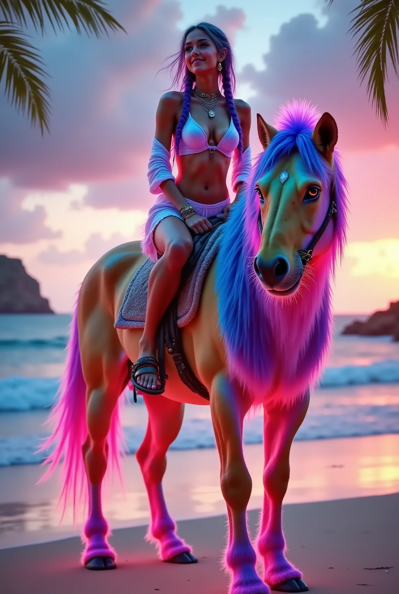 she is on a multi-coloured horse on the beach, (clothing minimal:1.5), vibrant color, electrical atmosphere