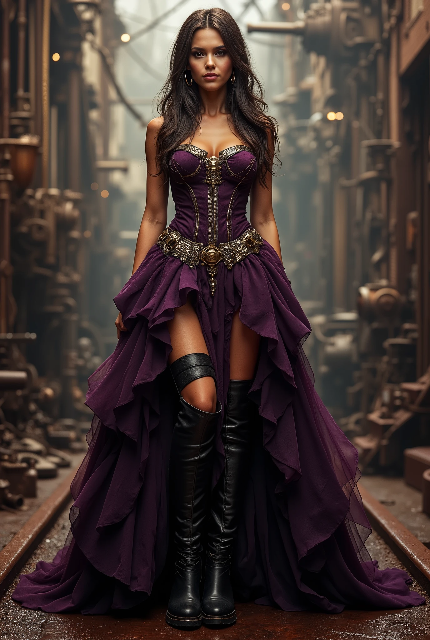 Photo full portrait of [Jessica alba] photo real. long hair, Full body. long dark purple  steampunk dress, black thigh high boots with 6 inch heels , steampunk background. “full body portrait”