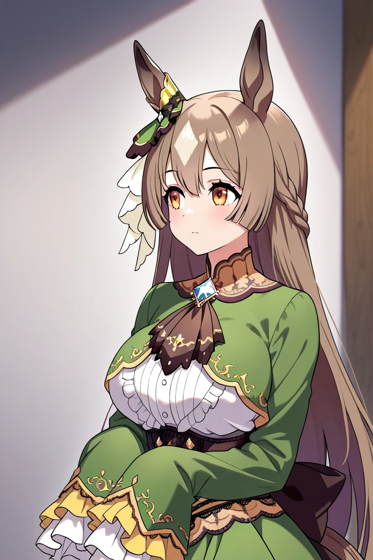 1Girl, satono diamond(umamusume), umamusume,big breasts, shiny skin, blush, collar, viewer holding leash, leash, tears, looking at viewer, cowboy shot, masterpiece, best quality very, aesthetic, recent, mid