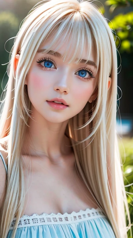 A stunning 14-year-old blonde beauty , Frilled Summer Dress, Scandinavian blonde super beautiful girl, Has cleavage, Standing, Brush your hair up、 Strange bangs between the eyes、Super long straight platinum blonde hair、Low contrast, (A shy smile:0.8), Highest quality, Ultra-high resolution, Realistic photos, Very detailed, 8k, Raw photo, Perfect Anatomy、Very beautiful, bright, big, light blue eyes、Cheek gloss highlighter、Very big eyes、Small Face Beauty