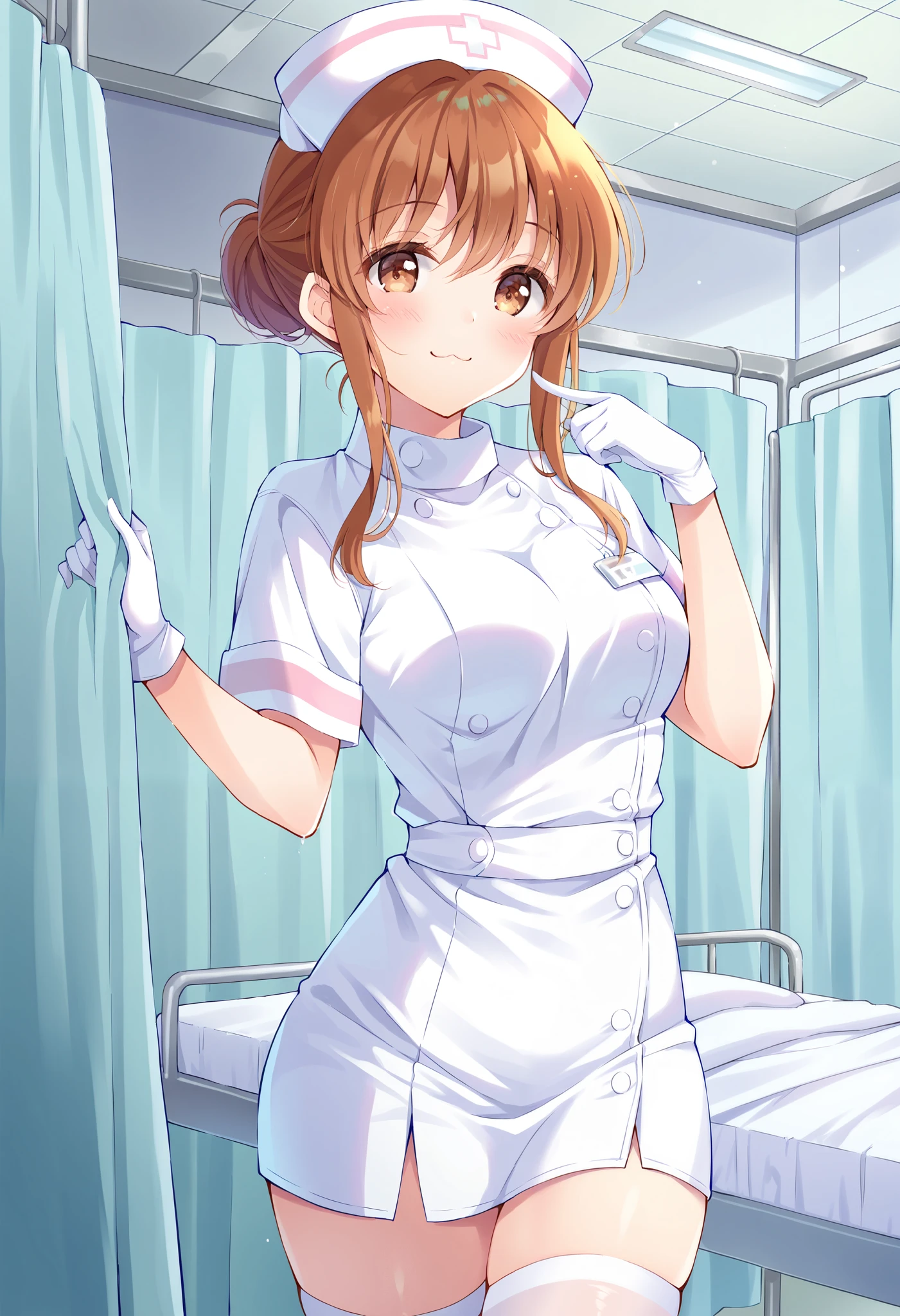 Score_9, score_8_up, score_7_up, source_anime, moeko sekine, solo, brown hair, brown eyes, single hair bun, sidelocks, (best quality), (high quality), {masterpiece}, extremely delicate and beautiful, ultra-detailed, beautiful detailed eyes, nurse, nurse hat, ((white nurse's outfit)), white gloves, white legwear, zettai ryouiki, hospital room, smile, :3, standing