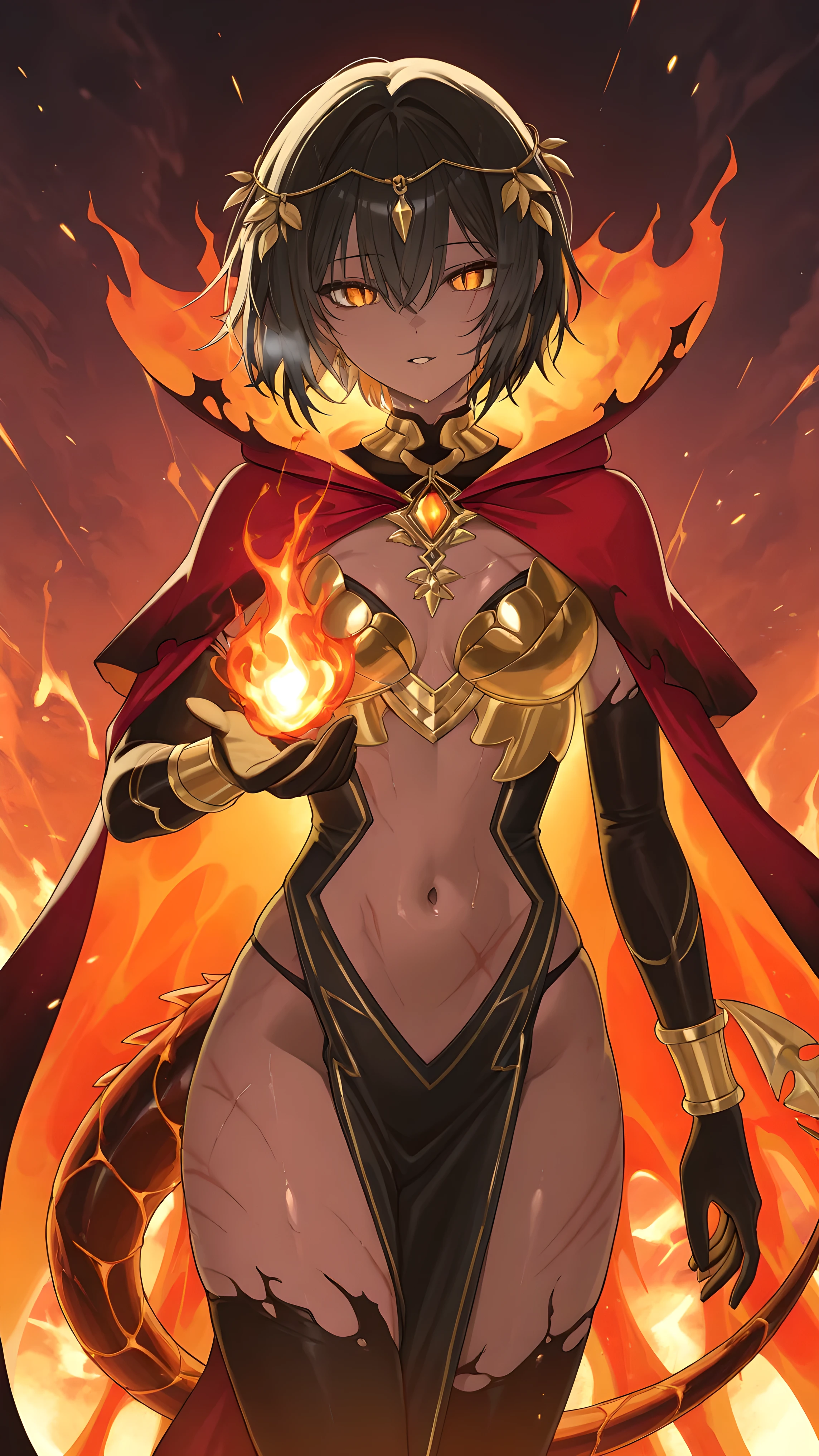 A powerful gorgon necromancer, her obsidian scales glinting menacingly in the light of a fire-ravaged crypt, 8k, high resolution. Deep, ruby eyes reflect the dancing flames, her sinewy serpent hair hissing in the heat. She's garbed in a suit of iridescent bone and ashrobed armor, jedi robe, a staff crowned with a burning emerald skull held aloft, its eerie light casting long, chilling shadows.