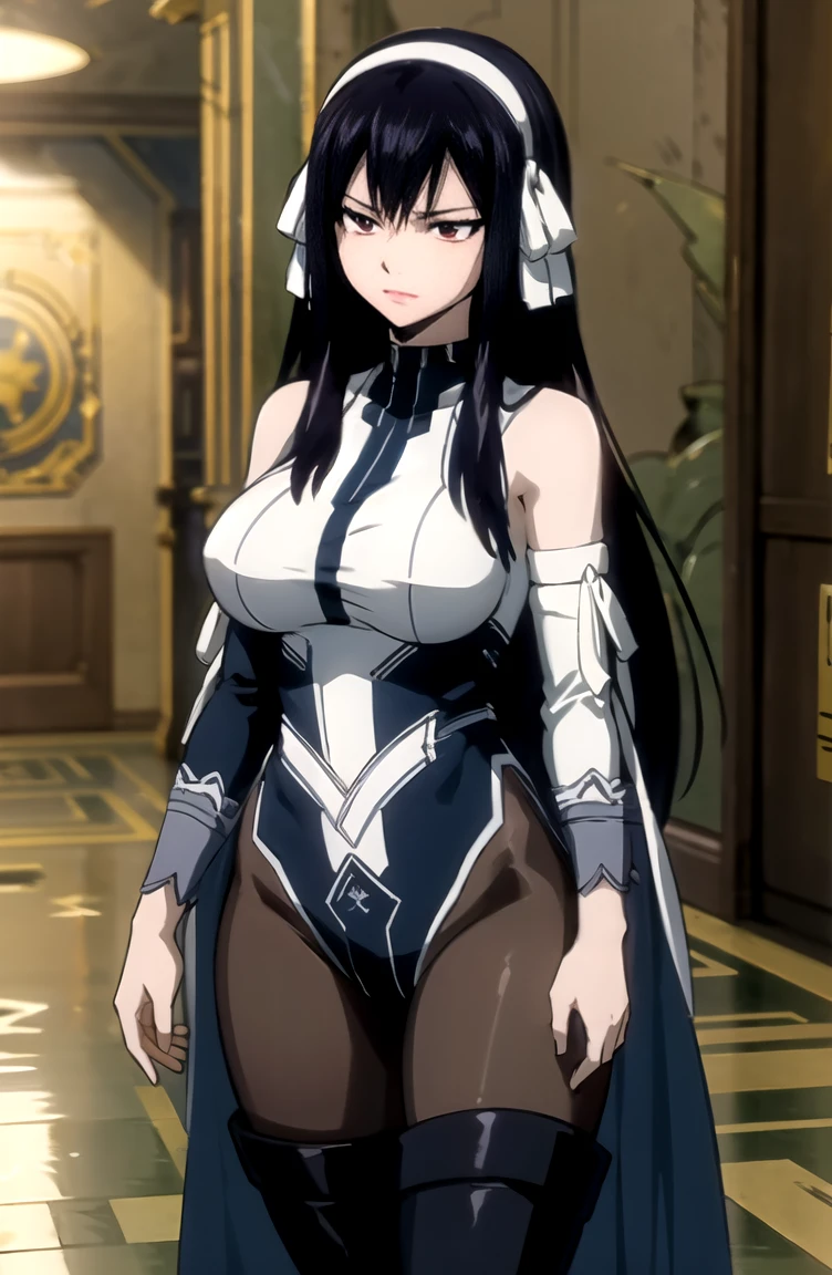 1girl,looking at viewer,dark skinned female,long hair,black hair,((green eyes)),((perfect anatomy)),thick long eyelashes,shiny hair,muscular female,thick body,wears a a dress with a high neckline and white panties,((detailed eyes)),v-shaped eyebrows,bangs,holds a sword,thunder,night,moonlight,castle,forest,scenery,