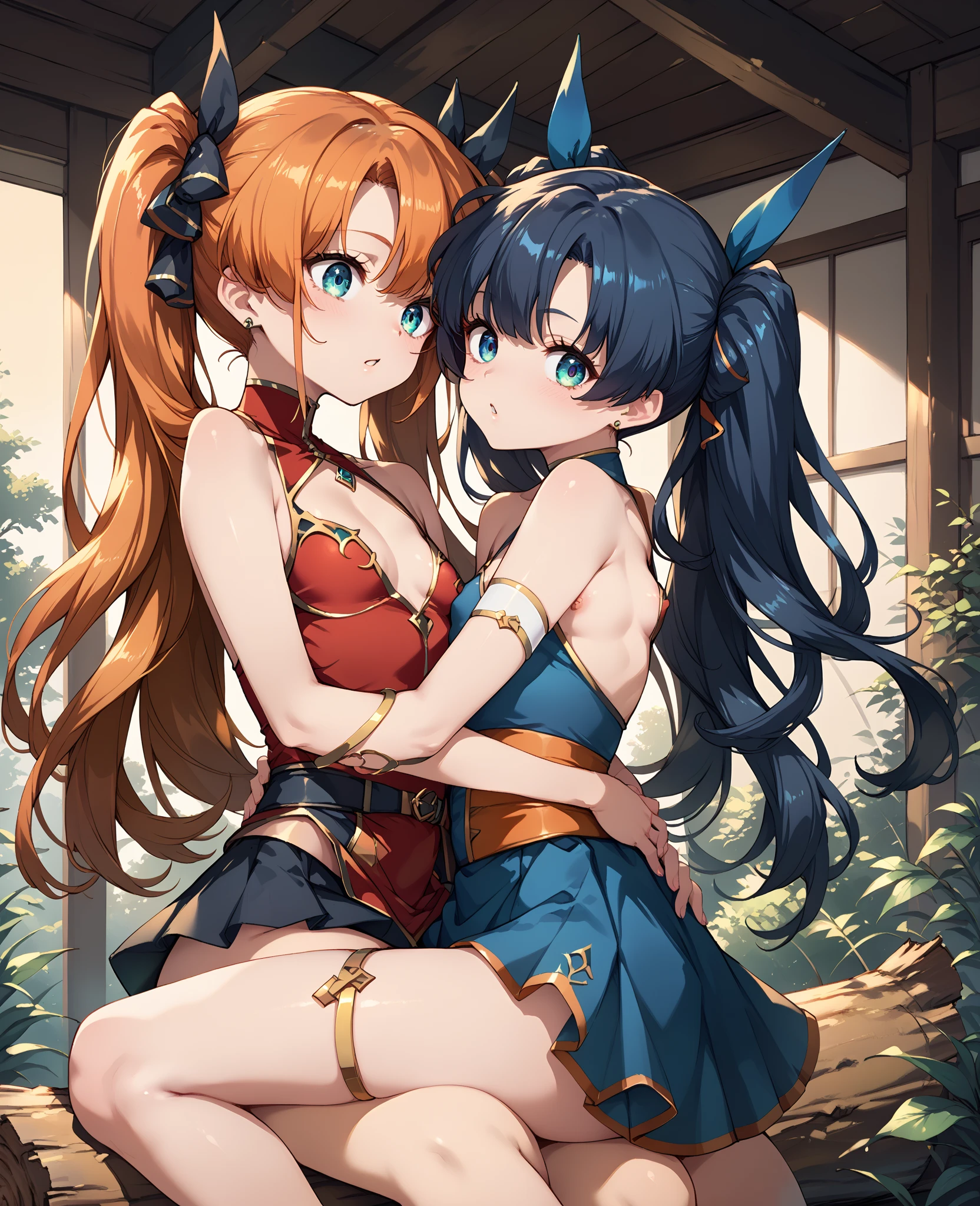 Two women facing each other, their breasts touching. a redhead wearing a top, the other with sky blue hair and eyes wearing a short blouse, (facial expression: anger/Will), best qualityer, masterprice, raytracing, face detailed, 8 k wallpaper, (high resolution), large and detailed breasts , animal ears, bangss, fox ears, fox tail,