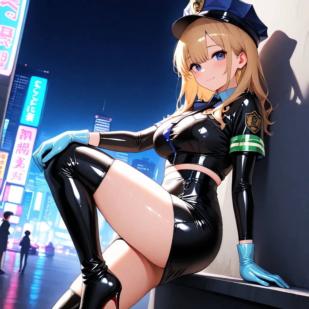 anime artwork, score_9, score_8_up, score_7_up, score_6_up, score_5_up, score_4_up, r,Camie Utsushimi, light brown hair, dark brown eyes,, breasts, , big breasts, catsuit, cap, city, squatting, below view, , white heeled knee-high boots