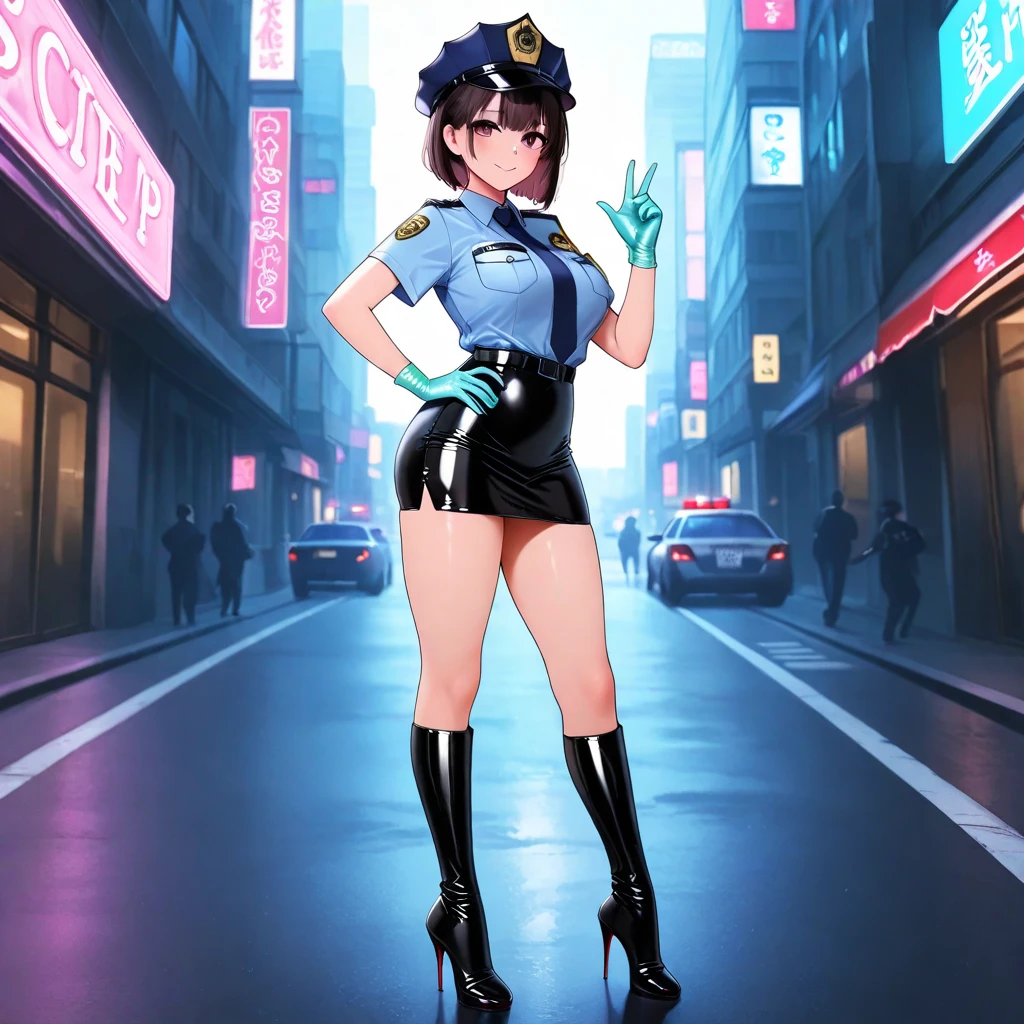 (masterpiece), (best quality), (high res),1girl, tall body, brown hair, medium hair, purple eyes, beautiful detailed eyes, beautiful detailed face, cute face, perfect hands, complete fingers, perfect anatomy, perfect proportions, ((hat, dark blue police hat)), ((leotard, matching leotard, bare legs)), ((boots, matching boots)), breasts, medium breasts, fingerless gloves, (full body portrait), looking at viewer, solo, solo focus, standing, police uniform, cowboy shot, tokyo street station backdrop, indoors, (belt, tight belt), (armbands, white sleeves), full body costume design.