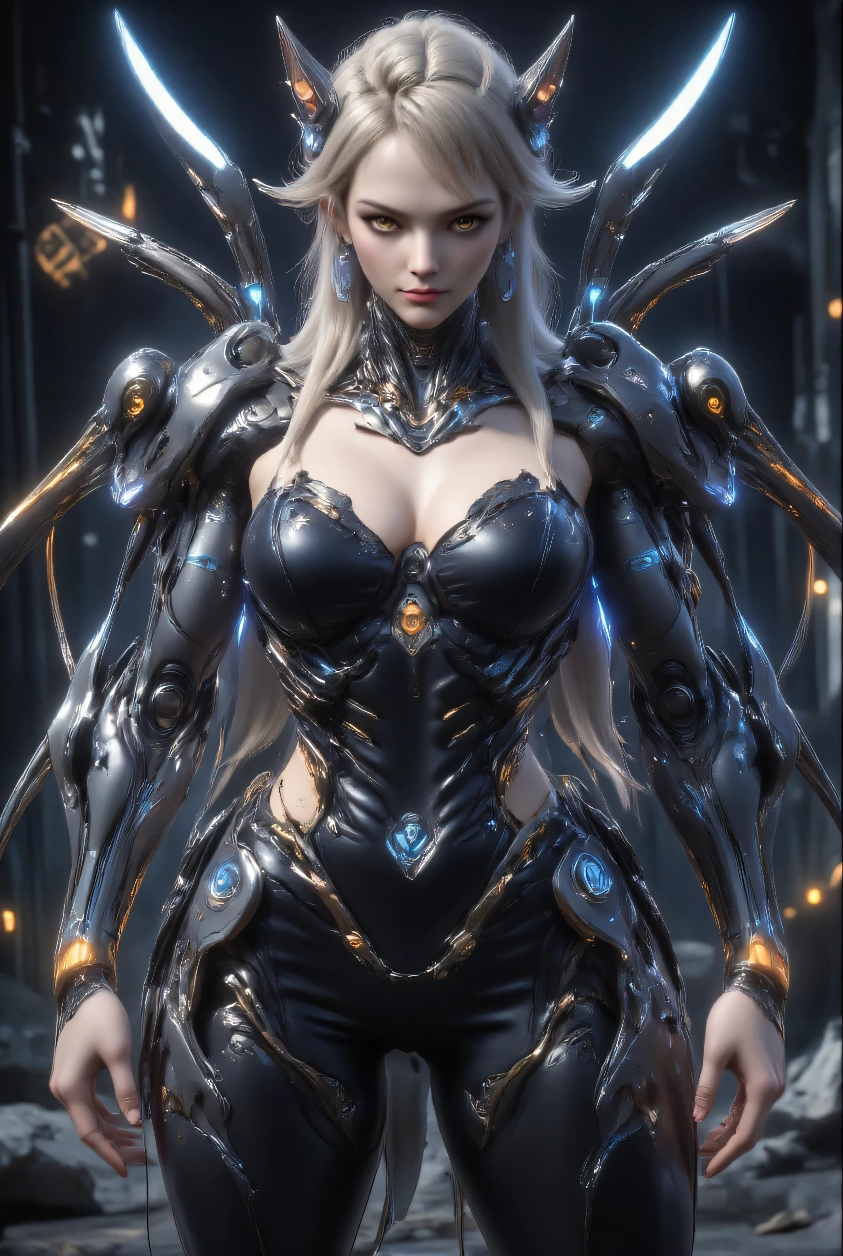 ((best quality)), (Masterpeace, high quality, high resolution, realistic photo, photography, detailed, no tattoos on face), 1 japanese porn star women fighter gangster , age from 30 to 36 years old, 8k_wallpaper, extremely detailed eyes, (large masterpiece digital art), (intricate details:1.3 ), (ultra-detailed:1.3), (sharp focus:1.3), (natural lighting:1.05), (vivid colors:1.3), (best quality:1.4), HDR, studio lightings, expressive eyes, full body shot, detailed face, beautiful face, perfect face, ((voluminous and thick sandy blonde hair braided with steel threads with sharp tips converge into a ponytail knotted into a long braid)), (bright, faintly glowing golden cat-like pupils of dark orange eyes), {{light bronze wet skin}}, ({light bronze wet skinned female}), (big breasts), huge chest, She is dressed in thick and heavy Sci-Fi symbiotic spiritually materializing steel spiritually magical armor in the style of a blue-black Three-headed thunder dragoness with ten long spiritually material steel organic tails with long and sharp tips, a half-open helmet with a neon virtual interface with horns and fangs, shoulder pads in the form of the heads of a blue-black dragon with their sharp fanged mouths wide open, the armor glows blue with dark veins the color of dark, saturated lightning, she stands in the dim and cold light of the moon in the depths of an underground temple space port, everywhere there are skeletons of unusual creatures, amazing and huge statues of great space armor goddesses made by the ancients from glowing dark blue and dark red stones and golden metals,