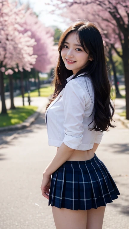 Masterpiece, big breast, white skin, long black hair, korean, young, bright blue eyes, thick eyebrows, smiling, teeth out, small waist, wide thighs, wide thigh gap, perfect hands, perfect fingers, A beautiful Korean high school girl with soft, glowing skin, wearing a modern school uniform consisting of a fitted navy blazer, a white blouse, and a pleated plaid skirt. Her hair is long, silky, and gently moving in the wind. She stands outside a school gate during golden hour, looking back with a slight smile. The background is slightly blurred, featuring cherry blossom trees and a cityscape in the distance. The image is shot in a cinematic, high-resolution style with soft bokeh effects and natural lighting