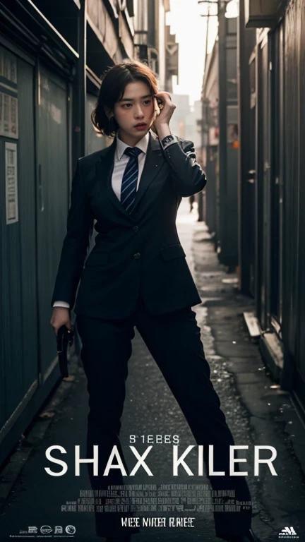 Movie posters, a spy in a suit and uniform, a female killer in a straitjacket, a ****** girl in a school costume, and the biggest fierce villain, thrilling and adventurous background elements, together make a great movie poster