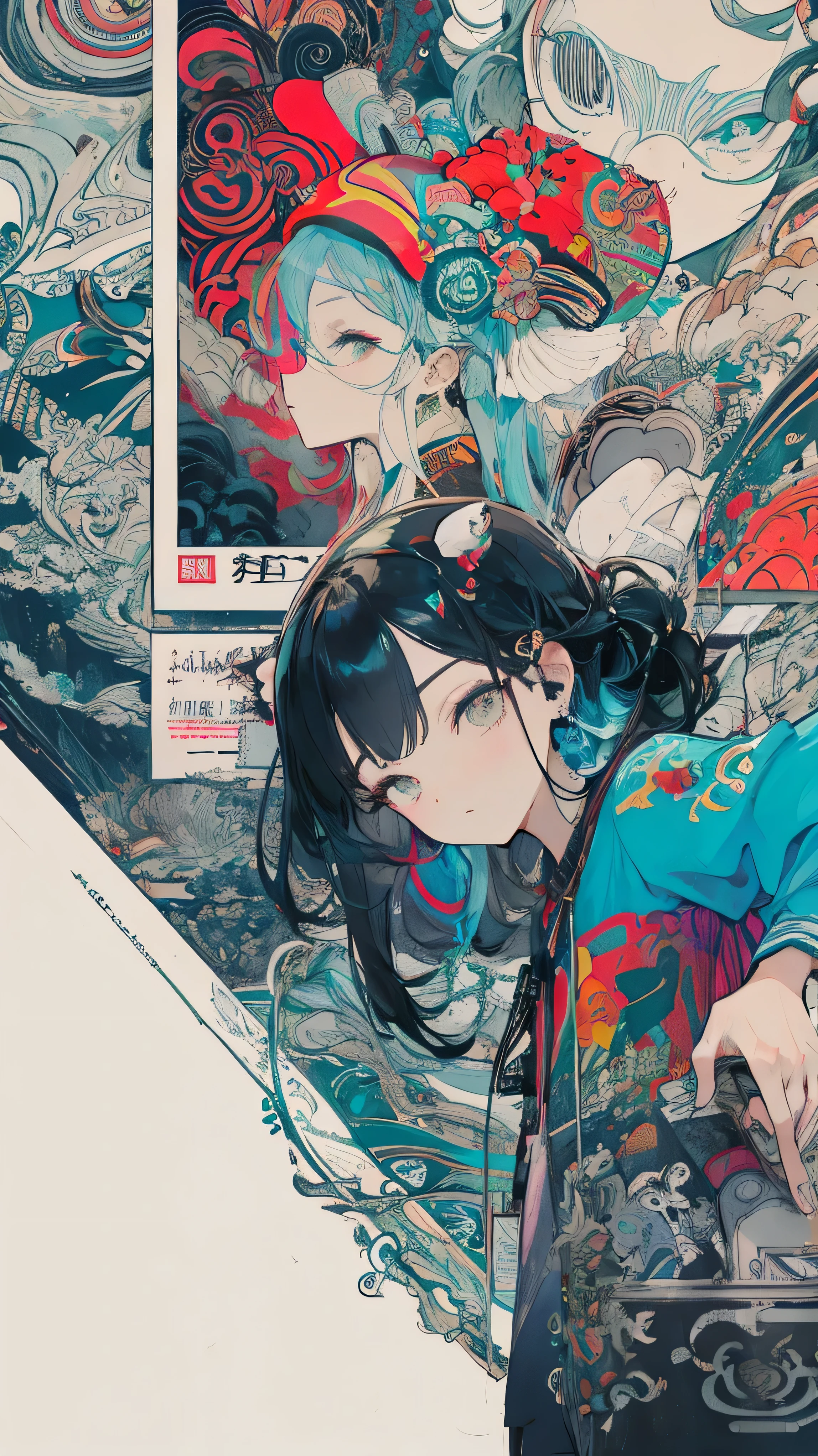 Anime - style artwork of a woman with a laptop and a man with a hat ...