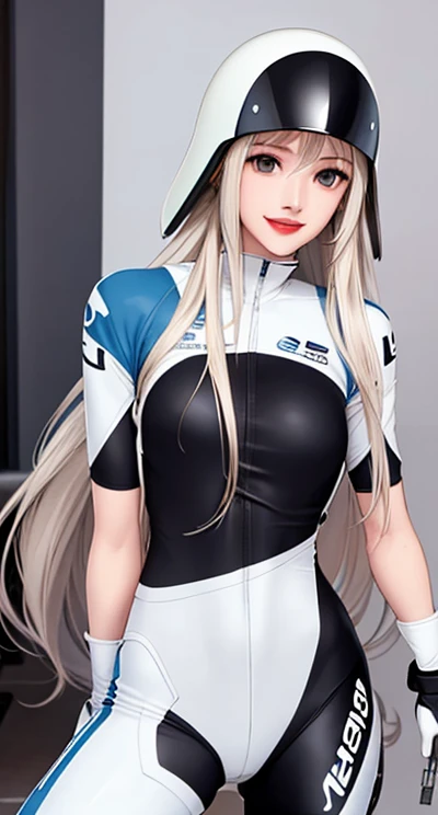 Masterpiece, beautiful art, professional artist, 8k, art style by sciamano240, very detailed face, detailed hair, detailed clothes, detailed fabric, 1girl, perfectly drawn body, beautiful face, long hair, light blue hair , very detailed blue cat eyes, romantic smile, wearing sports bike suit, rosey cheeks, city setting, model headshot , zoom in face, show details in eyes, upclose view, looking at viewer,