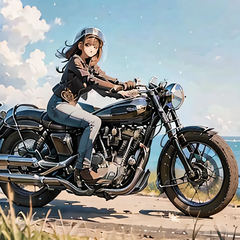 Bluff Superior SS100、(クラシックRiding on motorcycle )、(Vintage Bikes、Bluff Superior SS100)、Isle of Man Races、 (Riding on motorcycle:1.2), Beautiful young woman、18-year-old、Beautiful Face, Beautiful delicate eyes, Black Hair, Short Bob Hair, Classic Leather Jacket、Cromwell helmet with goggles、After the Rain、English countryside、 Detailed Description、(Highest quality, masterpiece, High resolution)、8k、wallpaper