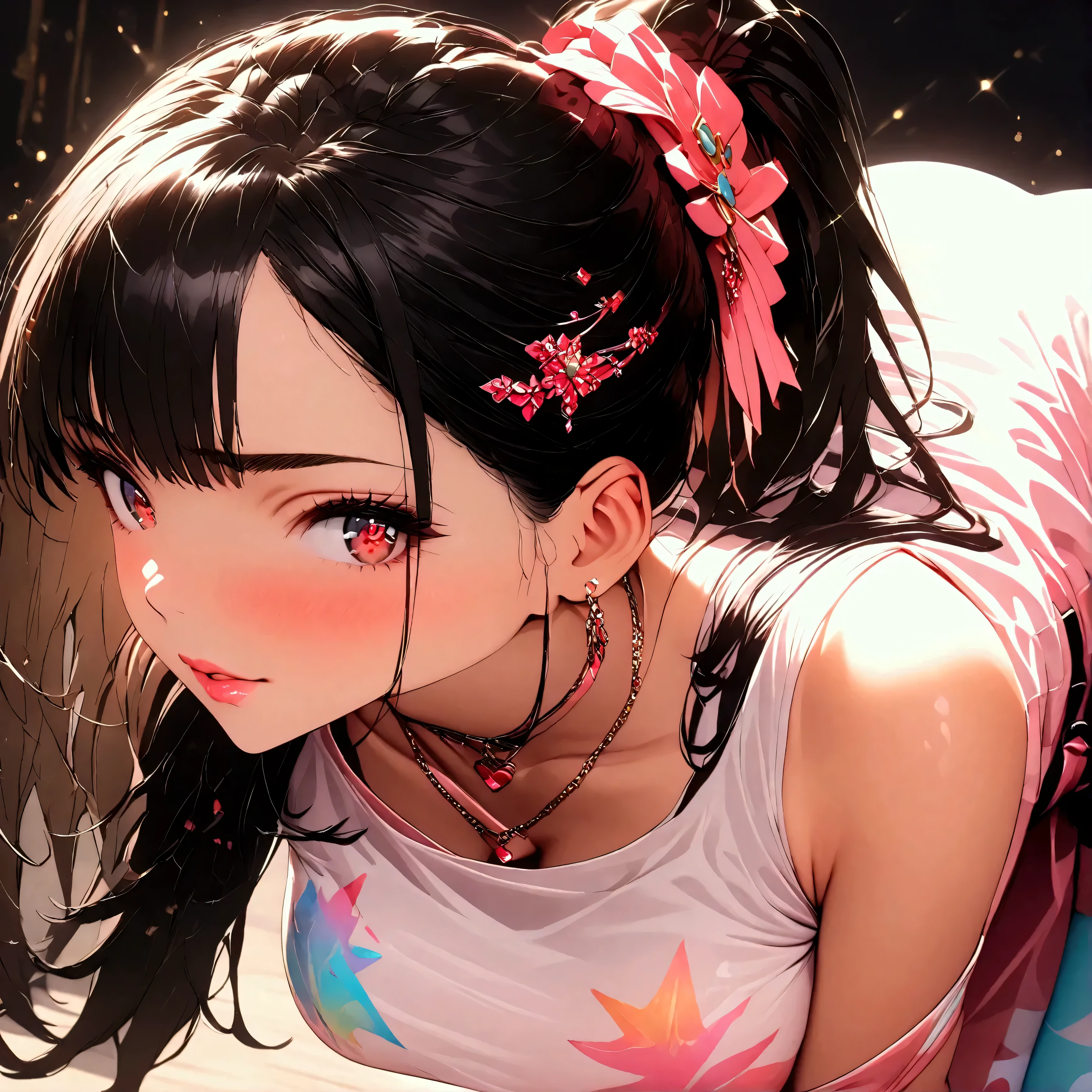 (beautiful girl:1.3),1girl,masterpiece,Highest quality,Ultra-high resolution,rich contrast,super high quality,8k,Highly detailed CG unit wallpaper,texture,Incredibly absurd,Ultra-high resolution,Highest quality anime,professional photograph,an extremely delicate and beautiful,RAW Photos,Depth of Field 1.2,ultra-detailed eyes,Glitter Effect,Beautiful glossy lips, 25years old, gorgeous legs, noise perfect, gorgeous ass, dynamic pose, sensual woman, seductive woman, mature woman, Milf, maternal, shy look, full body, beautiful glossy lips, VanellopeXLP , black hair, ponytail hair, hair ornament, striped pantyhose, brown eyes, Vanellope von Schweetz, (type of photo: medium shot, portraying the person from head to waist), Casual Chic Set (Urban Style): Upper: Light gray oversized cotton T-shirt with an abstract artistic print in pastel tones. The neck is round and slightly elastic. Bottom: High-waisted, straight-cut jeans, worn at the thighs and subtly ripped at the knees. Shoes: White sports shoes, with metallic details on the sides. Accessories: Large sunglasses, black leather backpack and a minimalist watch.