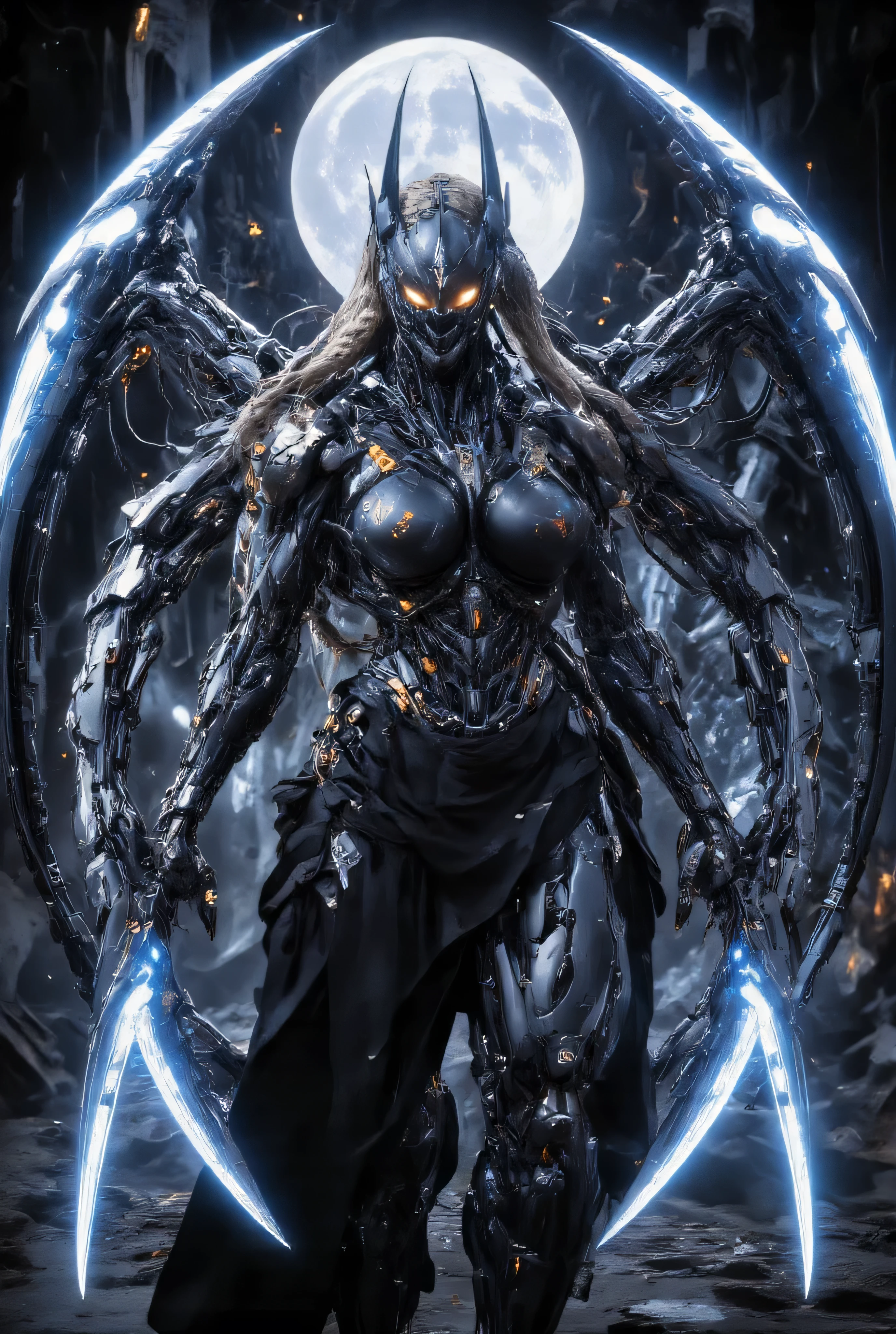 ((best quality)), (Masterpeace, high quality, high resolution, realistic photo, photography, detailed, no tattoos on face), 1 japanese porn star women fighter gangster , age from 30 to 36 years old, 8k_wallpaper, extremely detailed eyes, (large masterpiece digital art), (intricate details:1.3 ), (ultra-detailed:1.3), (sharp focus:1.3), (natural lighting:1.05), (vivid colors:1.3), (best quality:1.4), HDR, studio lightings, expressive eyes, full body shot, detailed face, beautiful face, perfect face, ((voluminous and thick sandy blonde hair braided with steel threads with sharp tips converge into a ponytail knotted into a long braid)), (bright, faintly glowing golden cat-like pupils of dark orange eyes), {{light bronze wet skin}}, ({light bronze wet skinned female}), (big breasts), huge chest, She is dressed in thick and heavy Sci-Fi symbiotic spiritually materializing steel spiritually magical armor in the style of a blue-black Three-headed thunder dragoness with ten long spiritually material steel organic tails with long and sharp tips, a half-open helmet with a neon virtual interface with horns and fangs, shoulder pads in the form of the heads of a blue-black dragon with their sharp fanged mouths wide open, the armor glows blue with dark veins the color of dark, saturated lightning, she stands in the dim and cold light of the moon in the depths of an underground temple space port, everywhere there are skeletons of unusual creatures, amazing and huge statues of great space armor goddesses made by the ancients from glowing dark blue and dark red stones and golden metals,