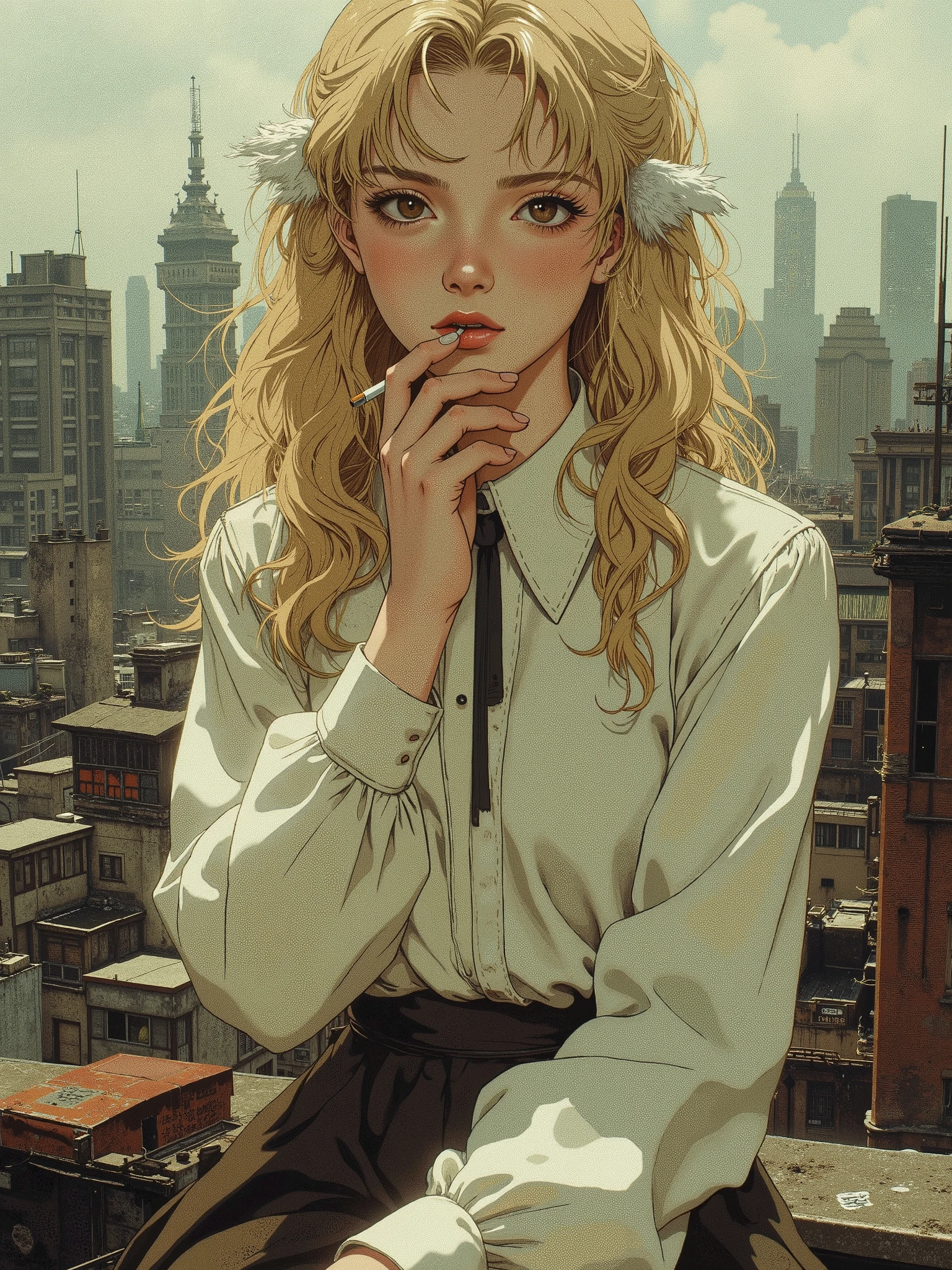 a girl about with blond long hair and brown eyes, with little white feathers behind their ears, in a white long-sleeved shirt with a collar and a skirt, he smokes a cigarette on the roof, Shanghai in the background, Gloomy, muddy , muted tones