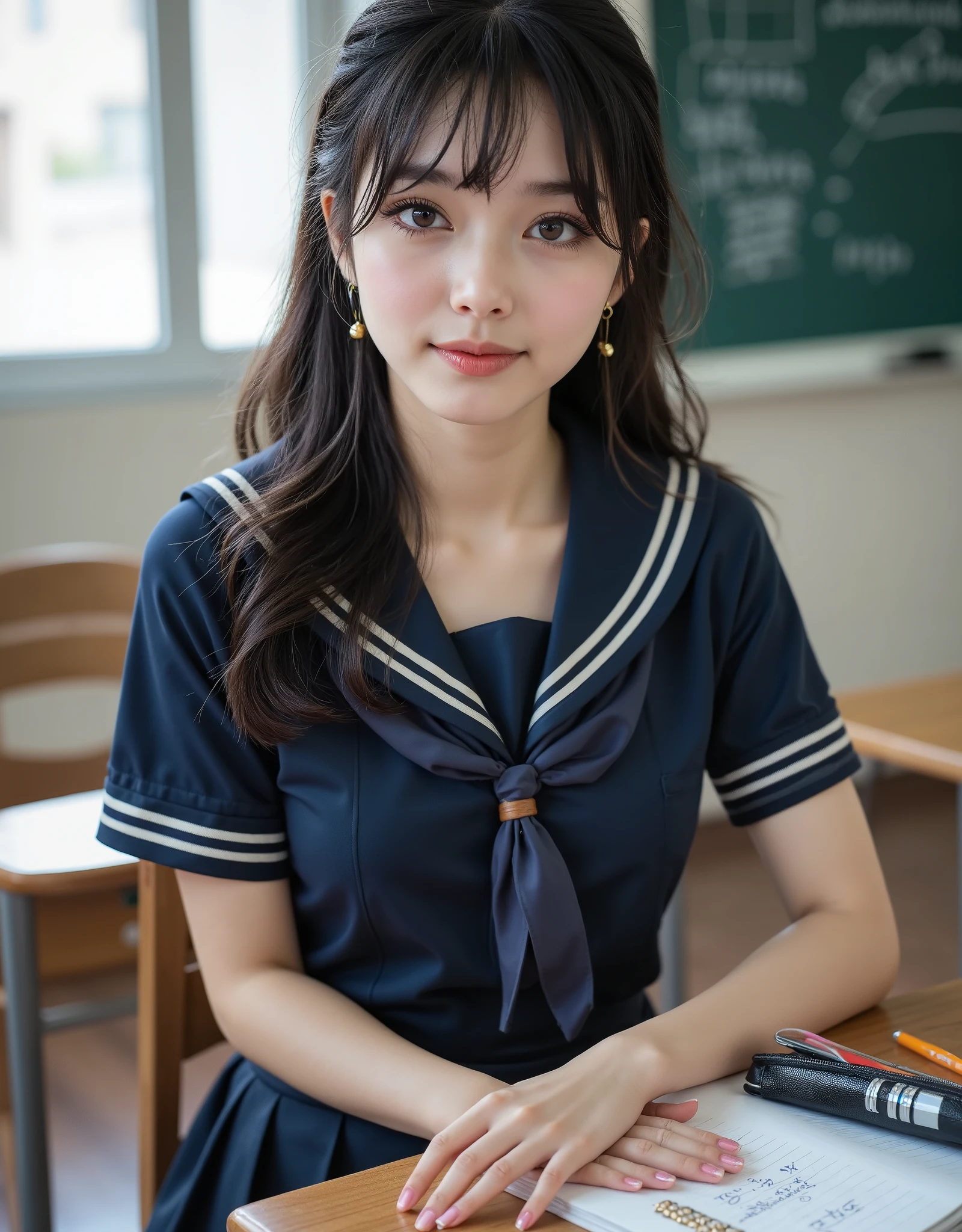 (Canon), (EOS R5), (50mm), ((( photorealistic:1.5))), (No lens flare :1.5), ((超 high resolution)), ( Masterpiece), accurate,( is presentな質感の肌), Super Detail, high detail, high quality , Award-winning work , 最 high quality, 32K, depth of coverage, digital camera, award-winning glamour photo , professional lighting, (SFW), ((最 high quality:1.5)), (( Masterpiece:1.5)), (( is present)), high resolution, is presentな影, Roughness, Real Life,( 1 Japanese woman so beautiful and cute), ( The cuteness of Japan's top idol ), ((Upper body shot seen obliquely from the front :1.5)), (( upper body shot from head to knee :1.5)), (( cute 18-year-old Japanese high school girl )), (( high school classroom , desk, chair, blackboard, and window visible )), (((Navy blue short sleeve sailor suit with dark blue collar and 3 brown lines :1.8))), (((襟と胸当てが紺色で3本の茶色ラインがある半袖の紺色夏服セーラー服と dark blue flare skirt を着て椅子に座っている:1.8))), (( short sleeve navy blue sailor suit with dark blue collar and breastplate :1.8)), (( no front buttons on a sailor suit :1.8)), (( sailor suit chest is dark blue with 3 brown lines :1.5)), (( dark blue flare skirt :1.5)), ((Brown scarf for sailor suit :1.8)), ((Navy blue scarf closure :1.5)), (( no accessories:1.5)), (( No Earrings :1.5)), ((Without necklace:1.5)), ((Women's watch on her left arm )), (( a very cute high school girl who feels young )), Attractive cuteness , seductive pose holding hands, Height: 160cm, slim figure, Beautifully shaped bust, D Cup, ((少し歯が見える very cute smile:1.5)), ( alone:1.5), (There is only one person in the classroom), ( brown eyes:1.9), ( Detailed depiction of extremely realistic skin ), (Highly detailed, realistic eyes:1.9), (Very beautiful, long, realistic eyelashes), (Highly detailed, realistic eyebrows), (丸い brown eyes :1.8), ( beautiful catchlight on the eyes), (Realistic lips with moisture ), ( white realistic teeth arranged neatly), ( Beautiful and Detailed Face :1.6), ( hourglass figure:1.6), (Wasp waist :1.5), ( Perfectly round and beautifully shaped bust :1.8), ( clearly contoured cheekbones :1.5), ( perfectly styled body :1.8), (Healthy body :1.8), (Narrow shoulders:1.9), ( is staring at the viewer), ( seductive gaze), (Beautiful, natural-looking hands), ( beautiful pink nails with a beautiful length ), ( show your hands as little as possible ), ( very cute smile:1.1), ( her stomach and navel may be slightly visible:1.4), ( dark hair medium hair :1.3), ( beautiful black hair), ( has bangs), Natural atmosphere, Very cute type, beautiful thighs, (( evening classroom )), (( with a pencil case and notebook on her desk :1.4)), (( show your hands as little as possible )), ((I can't show my feet)), background, Illuminate the face, Dynamic Poses for Play, beautiful body line , Beautiful, realistic skin , Art Photography, beautiful soft lighting , accurate手の形, accurate指の形, accurate指の数,5 fingers on one hand ,((No watermark, No signature))