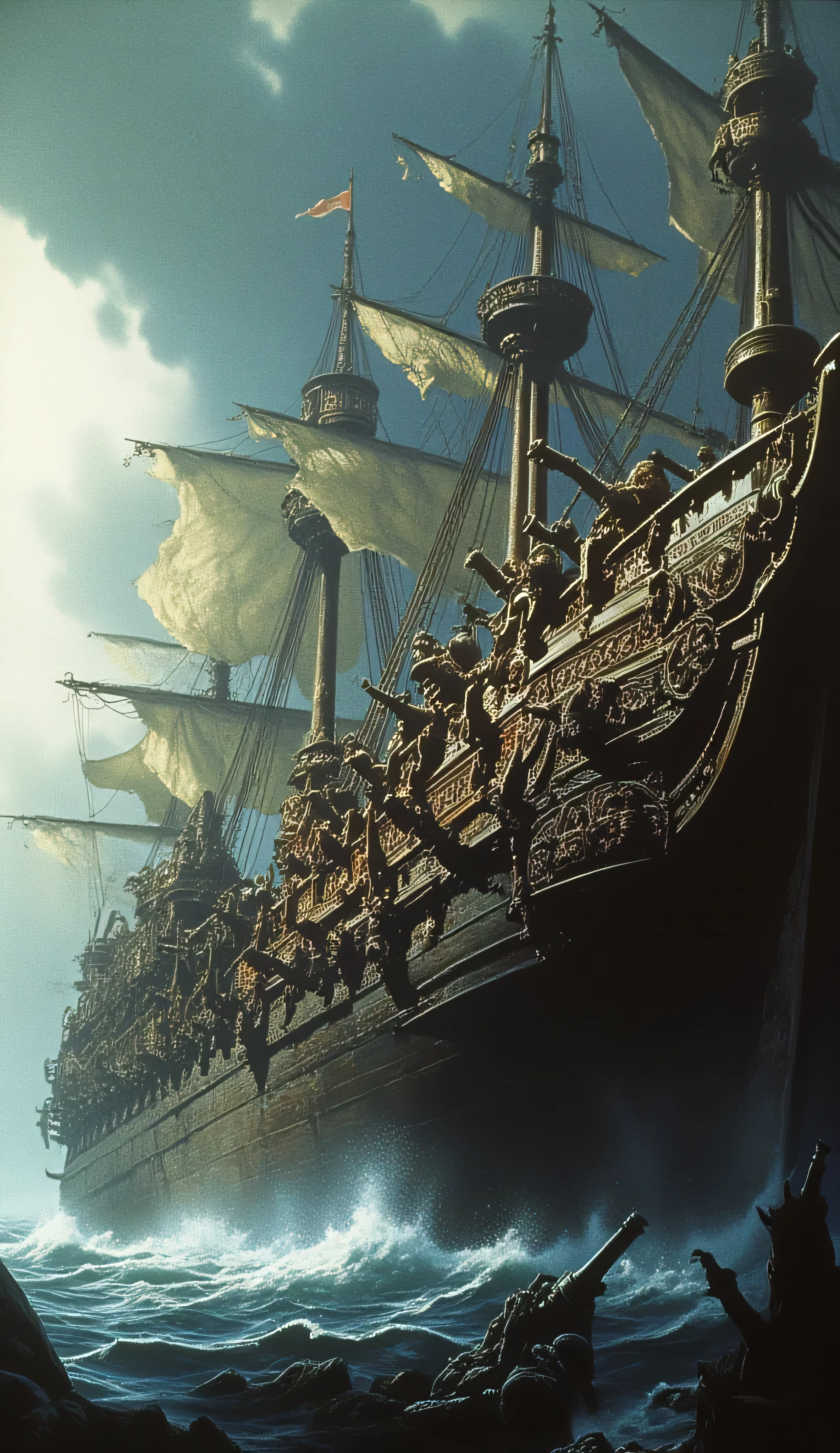 an very armed pirate ship, with many cannons on its sides, view from his side enfases on the canons