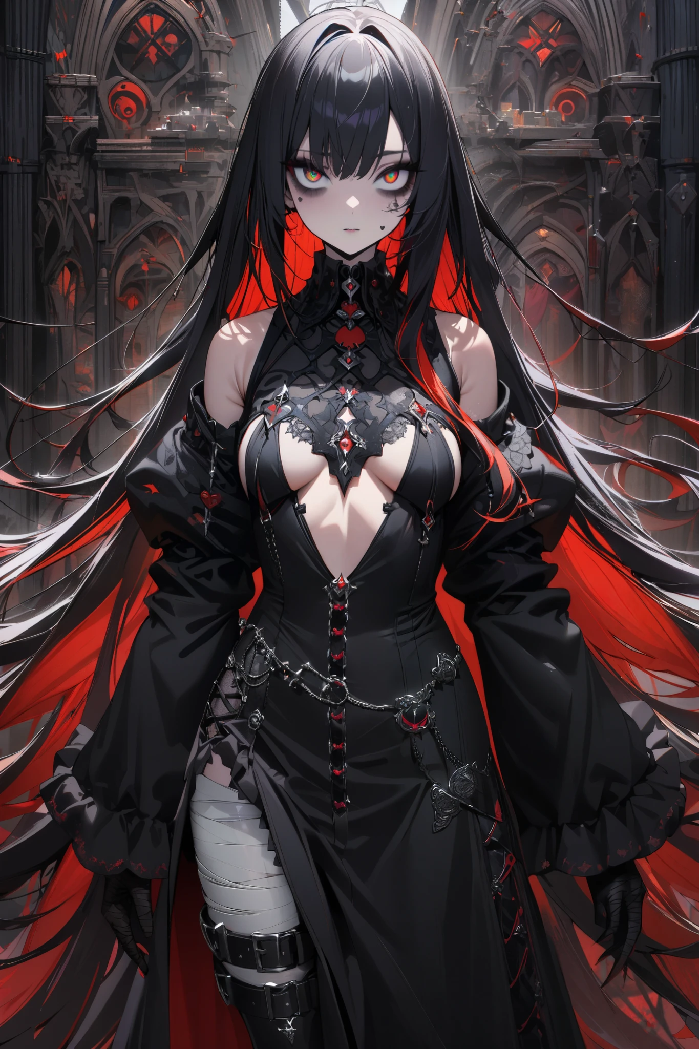  tall woman, long black hair, red and black women&#39;s SUIT, black pants, belt with chains, rose covering one eye, elf ears, series A, red eyes with thin pupils