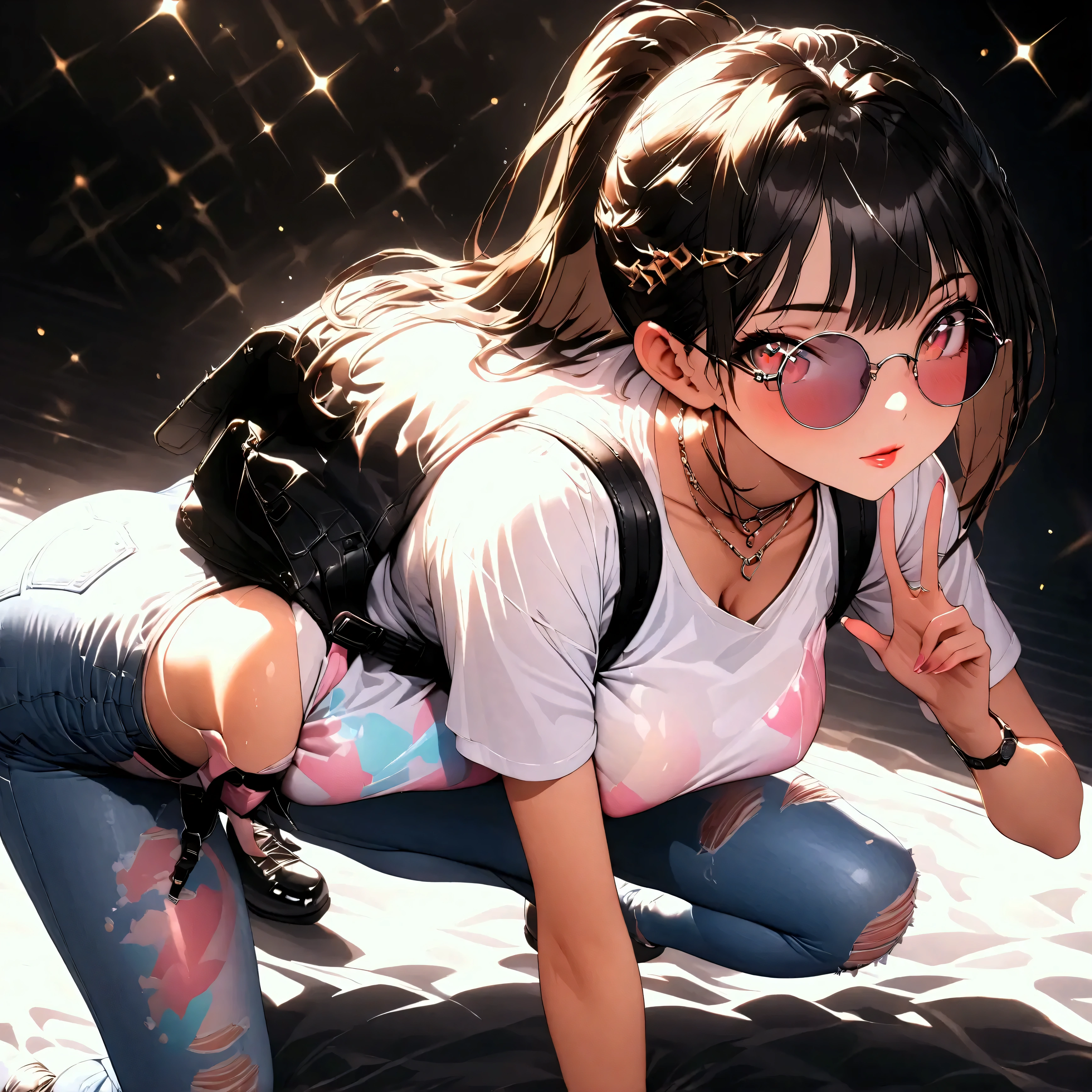 (beautiful girl:1.3),1girl,masterpiece,Highest quality,Ultra-high resolution,rich contrast,super high quality,8k,Highly detailed CG unit wallpaper,texture,Incredibly absurd,Ultra-high resolution,Highest quality anime,professional photograph,an extremely delicate and beautiful,RAW Photos,Depth of Field 1.2,ultra-detailed eyes,Glitter Effect,Beautiful glossy lips, 25years old, gorgeous legs, noise perfect, gorgeous ass, dynamic pose, sensual woman, seductive woman, mature woman, Milf, maternal, shy look, full body, beautiful glossy lips, VanellopevonS, black hair, ponytail hair, hair ornament, striped pantyhose, brown eyes, Vanellope von Schweetz, (type of photo: medium shot, portraying the person from head to waist), Casual Chic Set (Urban Style): Upper: Light gray oversized cotton T-shirt with an abstract artistic print in pastel tones. The neck is round and slightly elastic. Bottom: High-waisted, straight-cut jeans, worn at the thighs and subtly ripped at the knees. Shoes: White sports shoes, with metallic details on the sides. Accessories: Large sunglasses, black leather backpack and a minimalist watch.