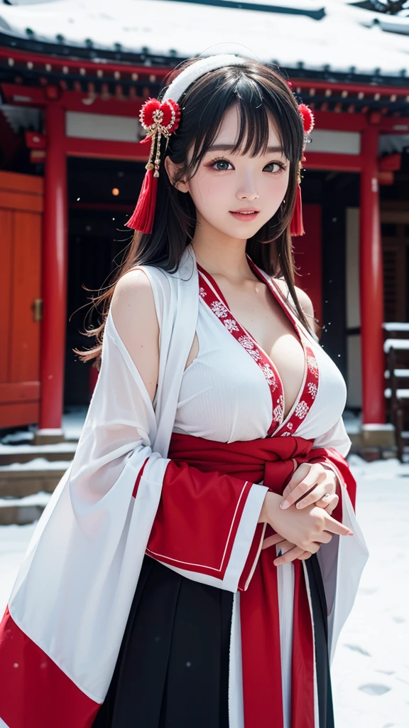 (masutepiece:1.3, Photorealsitic:1.4, 8K), top-quality, ​masterpiece, 超A high resolution, Perfect dynamic composition, Highly detailed skin and facial texture:1.3, A detailed eye, Detailed limbs, Night precincts in snowy country:1.2, 1girl in, Cute sexy 22 year old slim woman, Fair skin, ((Natural smile:0.9, Totally captivates you:1.0)), ((accurate shrine maiden costume)), ((voluptuous breasts:0.9)) (Facing the front, randome pose), (Beautiful blue eyes, Eyes that feel beautiful eros:0.85), Sexy face:0.4, (A mouthfeel that feels beautiful eros:0.85), ((Too cute beauty:0.9))