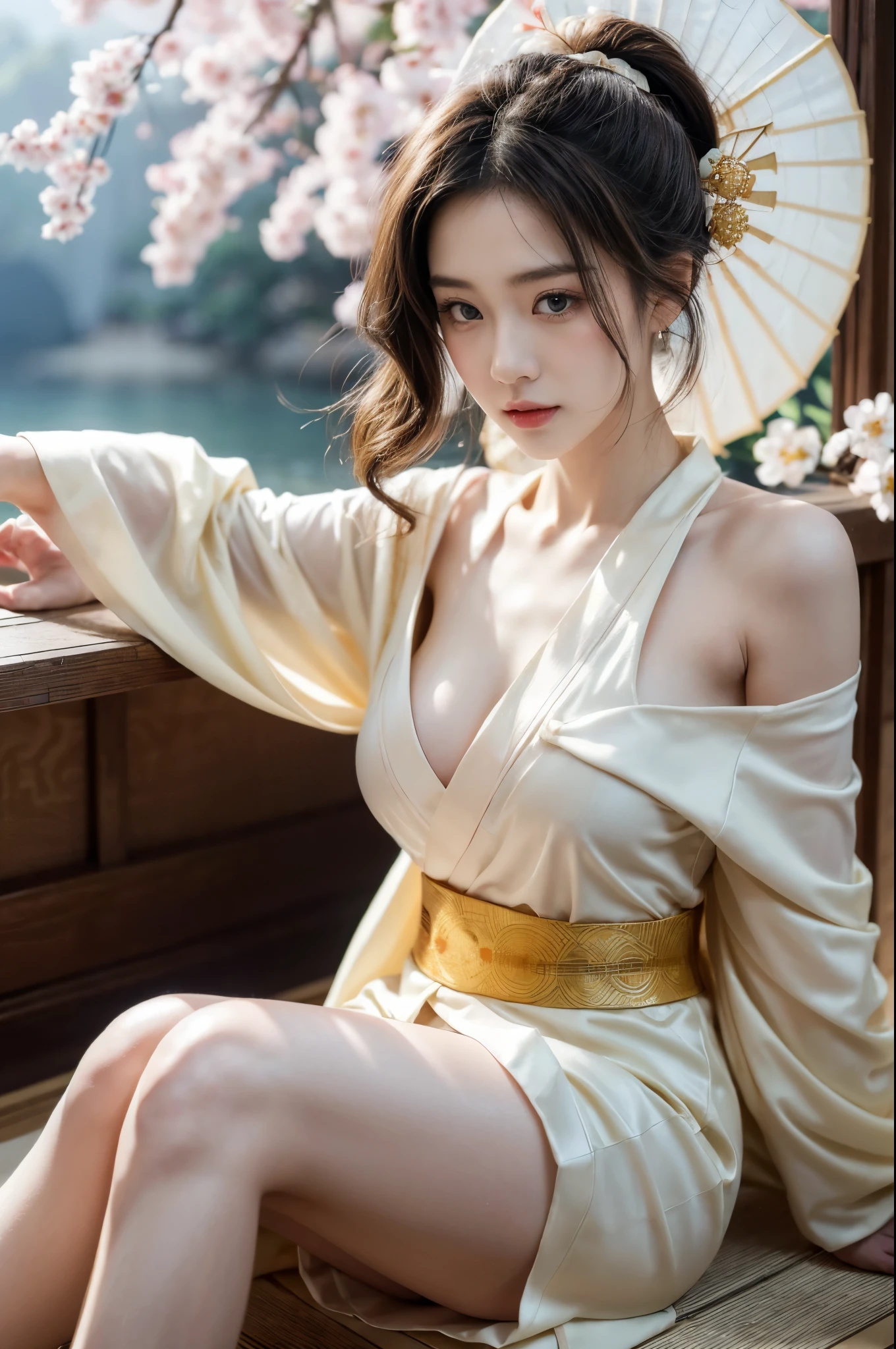 a milf wearing a white kimono, black lingerie, beautiful detailed eyes,beautiful detailed lips,extremely detailed eyes and face,longeyelashes,mature woman,sensual pose,full body shooting,seductive,high quality,photorealistic,dramatic lighting,cinematic,vivid colors,chiaroscuro,moody atmosphere,dark and light contrast,dramatic shadows