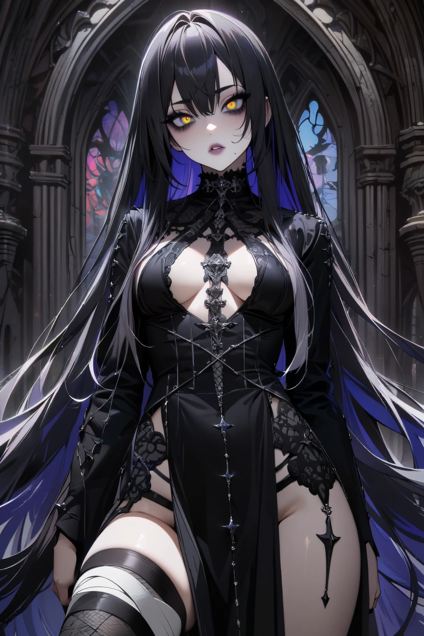 A stunning neo-Victorian cosmic cannibal, her ethereal beauty contrasting with the macabre nature of her existence: porcelain skin adorned with delicate lace, opalescent eyes glazed with hunger, and tendrils of swirling galaxies woven into her flowing midnight hair. This intricate portrait is a mesmerizing gouache painting, meticulously detailed and expertly rendered, capturing every nuanced feature with breathtaking precision. The juxtaposition of elegance and horror is masterfully portrayed, inviting viewers to delve into the haunting narrative of a celestial being consumed by her own darkness.