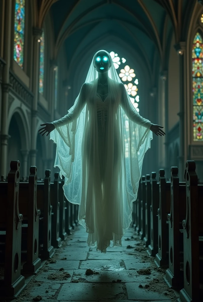 (medium full shot) of (ghostly ghost) ethereal figure, transparent fading body, fading hands, glowing blue eyes, ghostly white skin, faint and flickering, shimmering faintly with a mystical light, detached, with a flowing cape, carrying a bloodstained handkerchief, set in a haunted church, with shadowy corners, ghostly hymns, a chilling ambiance, at night, ,Masterpiece,best quality, photo, realistic, very aesthetic, detailed face,