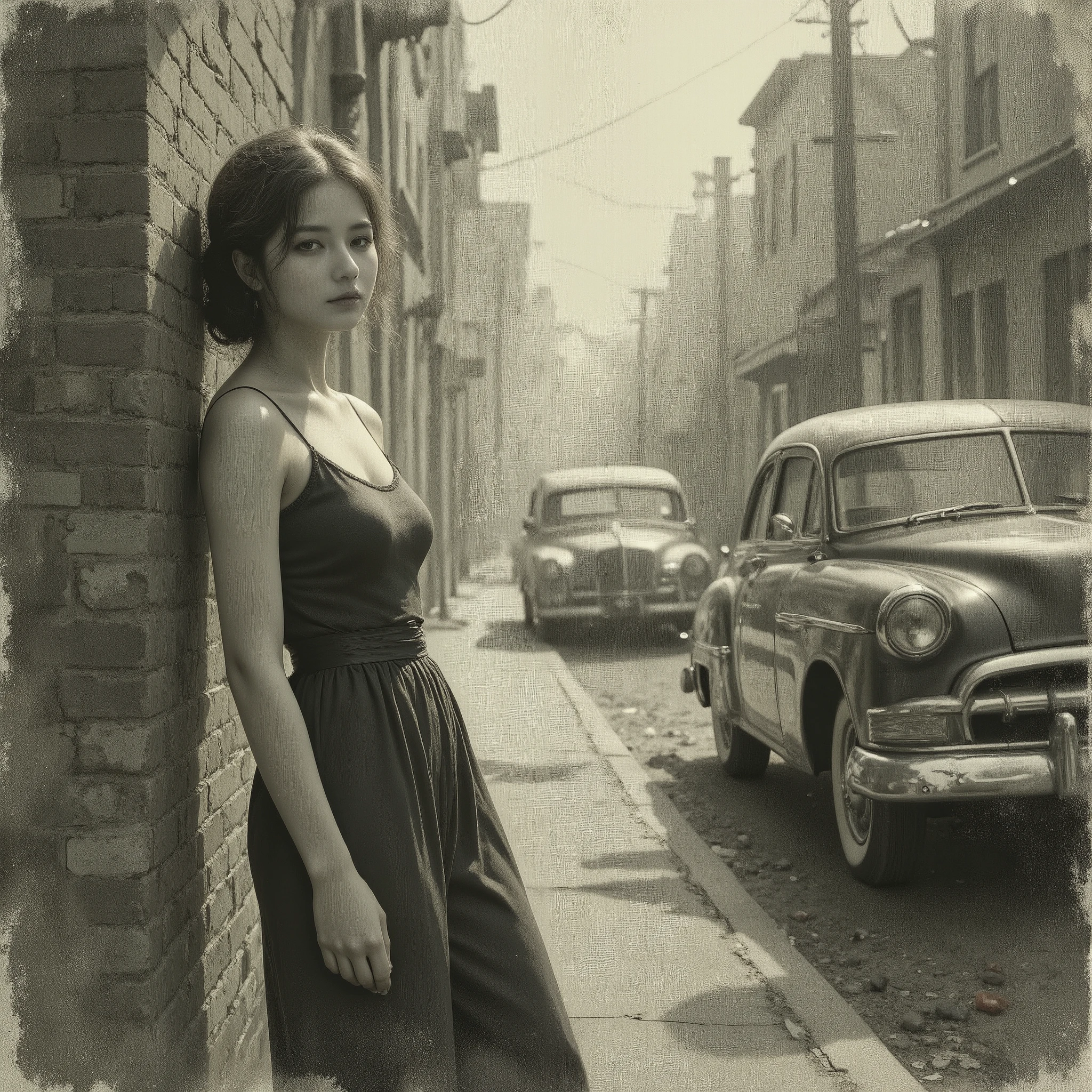 Cinematic black-and-white photography of a striking model in a 1950s-inspired outfit, featuring a sleeveless fitted top made of soft cotton or knit fabric, paired with high-waisted, wide-leg pants that highlight the classic elegance of the era. The model leans confidently against a textured brick wall, her body slightly turned away while her head is tilted back toward the camera. Her expression is poised and captivating, with a confident gaze directed at the viewer, exuding a timeless charm. The background captures an urban street scene with vintage details, including a black 1950s classic car parked nearby. Suburban houses with retro architectural features are softly blurred, ensuring the model remains the focal point. The grayscale tones enhance the nostalgic atmosphere, emphasizing contrasts between light and shadow. The lighting is soft yet directional, casting dramatic highlights on the model’s face and outfit while accentuating the textures of the brick wall and the car's reflective surfaces. The interplay of light and shadow adds cinematic depth and dimension, creating a timeless and evocative composition that feels both authentic and elegant.