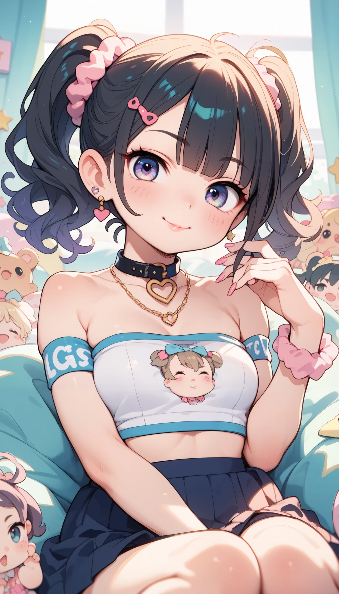  adorable girl,cute, scrunchie,  hair dark hair   ,(blush:0.8),, (seduce, suggestive:0.9), ,tubetop,,  (from front,  looking at viewer:1.2),upperbody,  kuro gyaru,   chibi, ()
