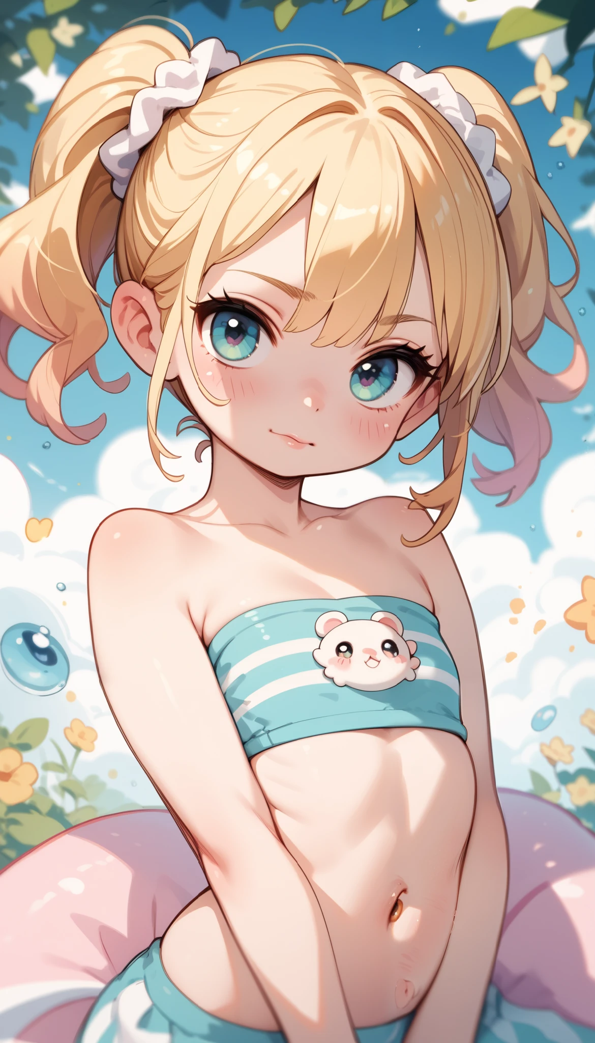 adorable girl,cute, scrunchie, ,(blush:0.8),, (seduce, suggestive:0.9),,tubetop,upperbody, (from front, looking at viewer:1.2), chibi, ()