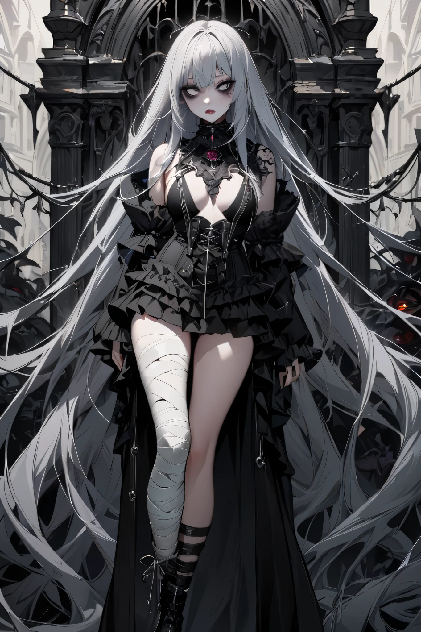 Girl, 20 years old, with long white hair down to below her waist, a serious yet tender expression, and red eyes. Her hair features black streaks. She wears antique-style clothing, a long black dress with a slit on the legs, and high black boots that almost reach her knees. Her power and background are related to shadows and darkness.