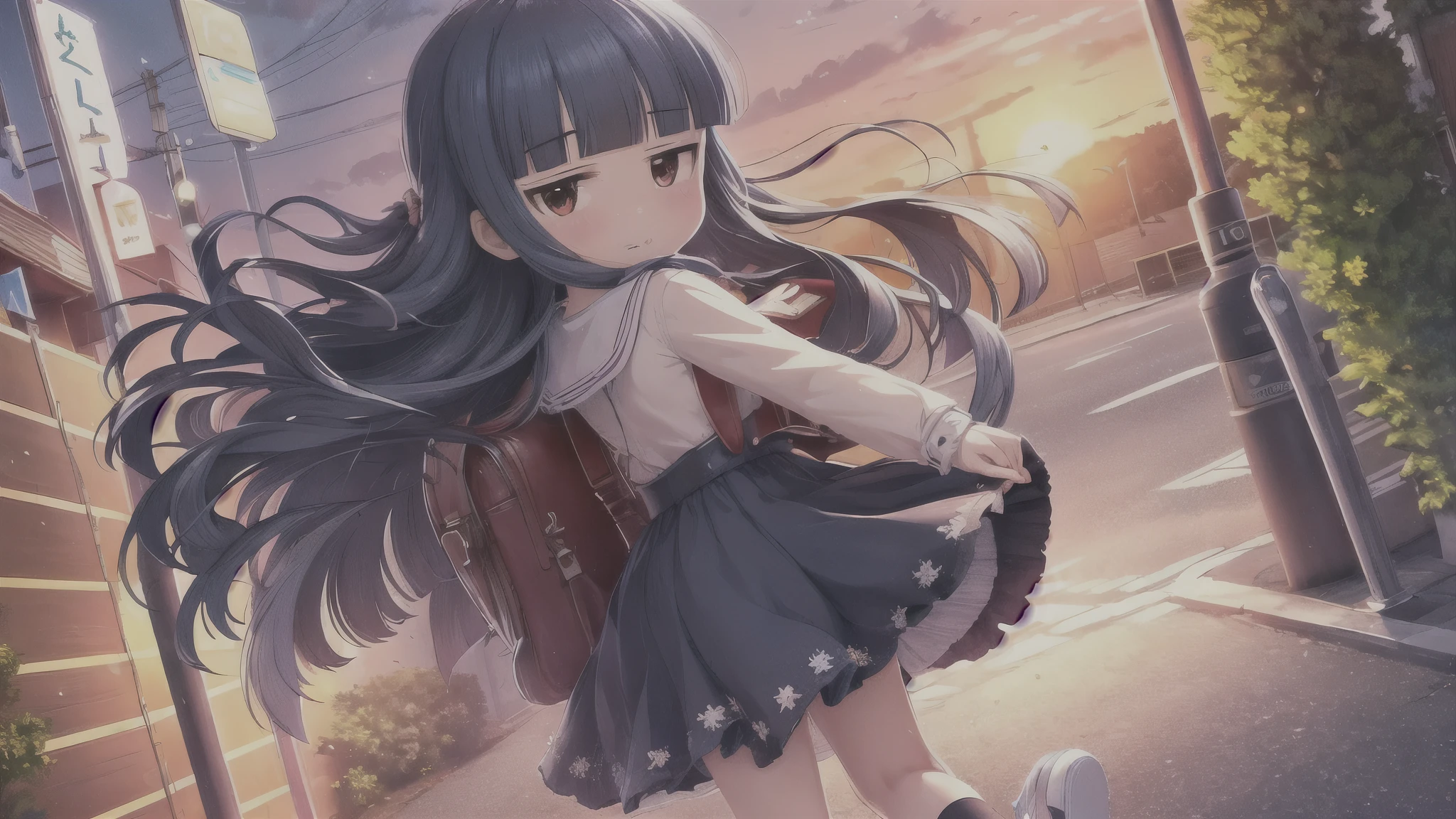16k,  high resolution,  Masterpiece,  top quality, 
 Cinematic Film Stills, 
 Short Girl Pin-Up , street, sunset,  detailed background,  from back,  look back, smile,  is staring at the viewer, 
Yukimi, .,  long hair, blunt bangs,  flat chest,  expressionless , shy,
 sundress,  miniskirt,  socks, shoes,  Detailed school bag, randoseru,
  shallow depth of field  , Vignette,  very detailed, High budget, Bokeh,  cinemascope, Sulky, amazing, nice,
 film grain, Rough,