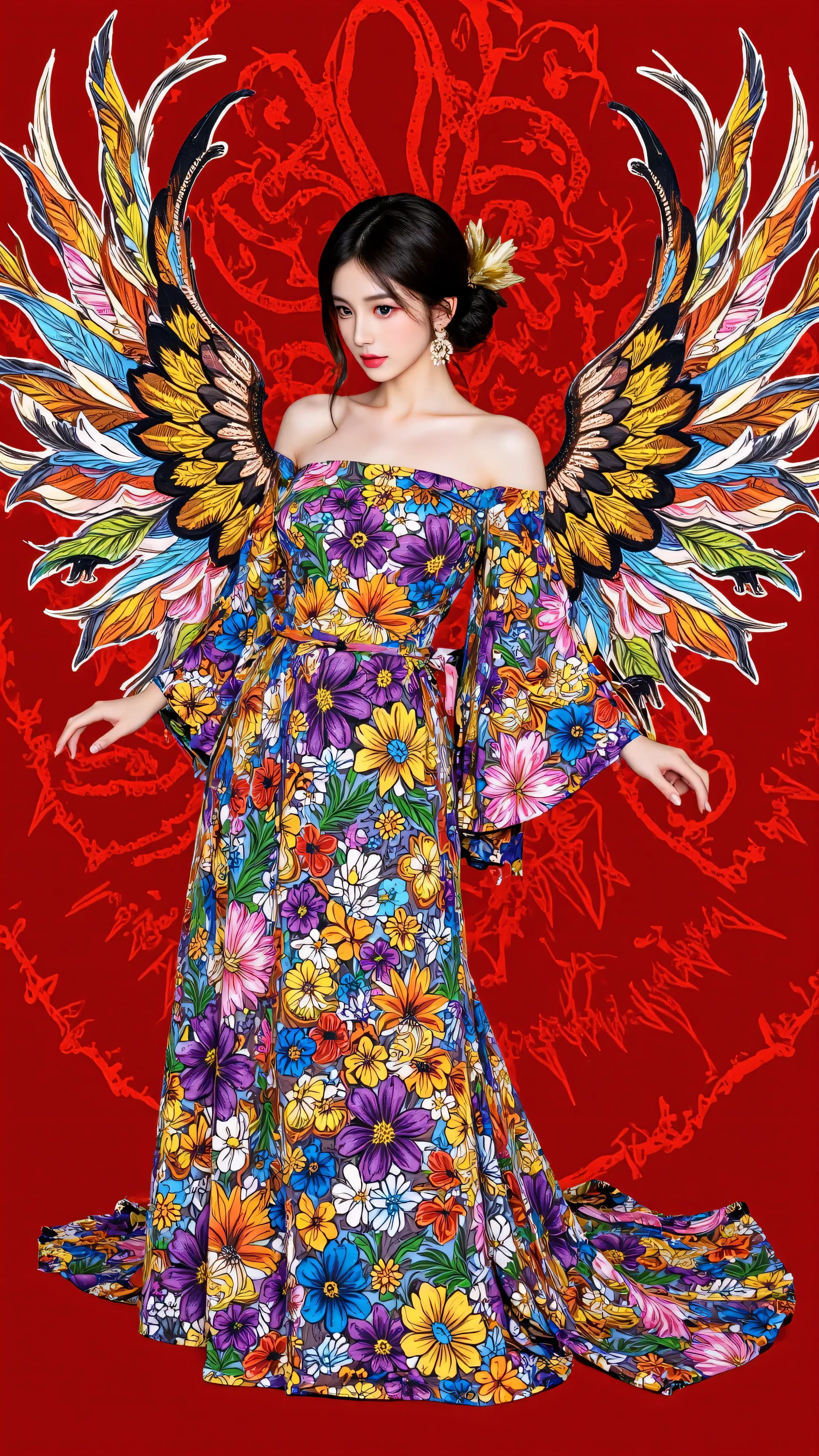 nordic woman (normas) with colorful dress with golden wings painting Gustav klimt
