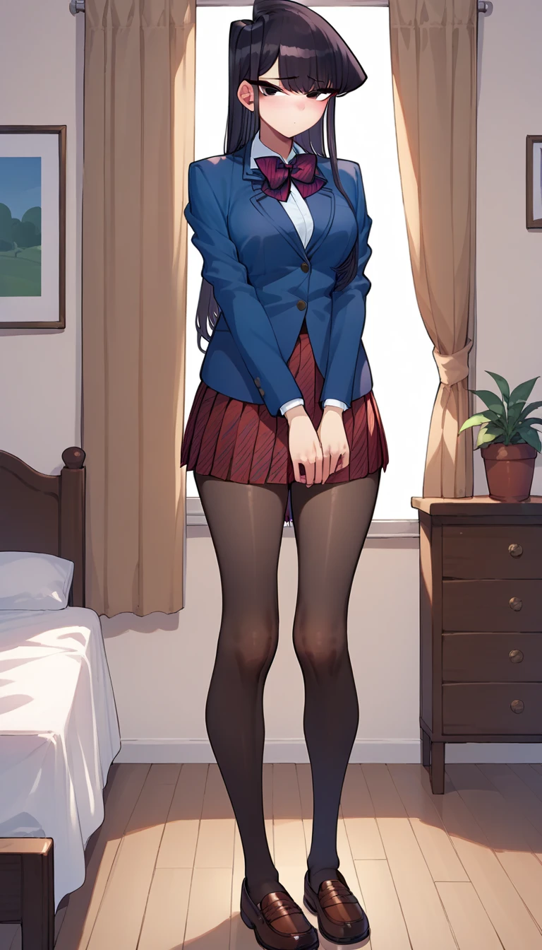 finest, masterpiece, High resolution, (Full body view from head to toe), Composition from slightly below the front, Symmetrical, 18 years old, slim and beautiful girl, alone, (small breasts), (not wearing shoes),long messy brown hair, bangs, (black tights), (black pantyhose), (sitting on the floor with legs apart), (Pose with legs spread on the bed), tied up with both arms hidden behind the back, (Composition showing white panties), (her legs spread、I can see white panties.), blush, shy big eyes, looking at camera, blazer uniform, plaid pleated skirt