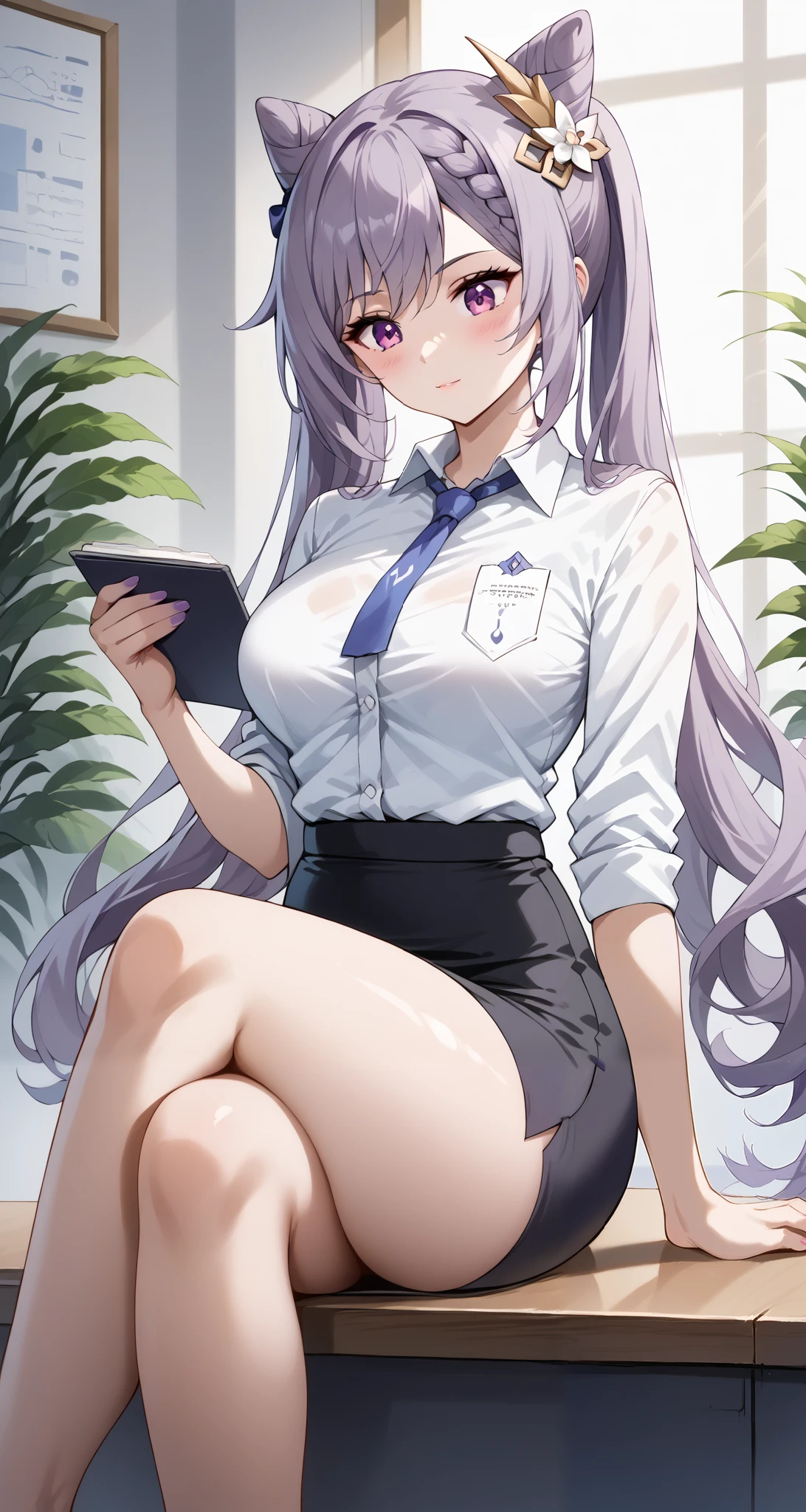 score_9, score_8_up, score_7_up, source_anime, 4K,perfect fingers,(perfect hands, perfect anatomy),prefect lighting, very aesthetic, intricate details,highly detailed background, masterpiece, high quality, best quality,
1girl,solo keqing, keqing, braid, cone hair bun, hair bun, hair ornament, long hair, purple eyes, purple hair,large breast,
wearing ((office lady,white collared shirt, black mini skirt, pencil skirt,)),,
((Sitting with legs crossed:1.5)),The whole body, even the toes, See the audience at your feet、Looking down、Looking Down、