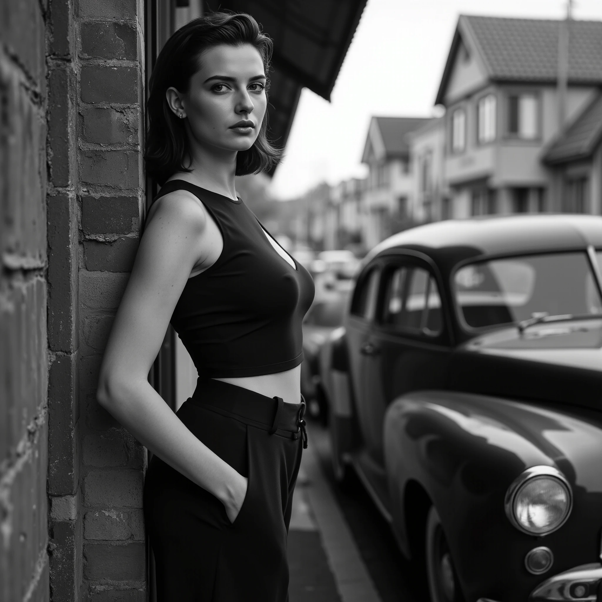 Cinematic black-and-white photography of a striking model in a 1950s-inspired outfit, featuring a sleeveless fitted top made of soft cotton or knit fabric, paired with high-waisted, wide-leg pants that highlight the classic elegance of the era. The model leans confidently against a textured brick wall, her body slightly turned away while her head is tilted back toward the camera. Her expression is poised and captivating, with a confident gaze directed at the viewer, exuding a timeless charm. The background captures an urban street scene with vintage details, including a black 1950s classic car parked nearby. Suburban houses with retro architectural features are softly blurred, ensuring the model remains the focal point. The grayscale tones enhance the nostalgic atmosphere, emphasizing contrasts between light and shadow. The lighting is soft yet directional, casting dramatic highlights on the model’s face and outfit while accentuating the textures of the brick wall and the car's reflective surfaces. The interplay of light and shadow adds cinematic depth and dimension, creating a timeless and evocative composition that feels both authentic and elegant.