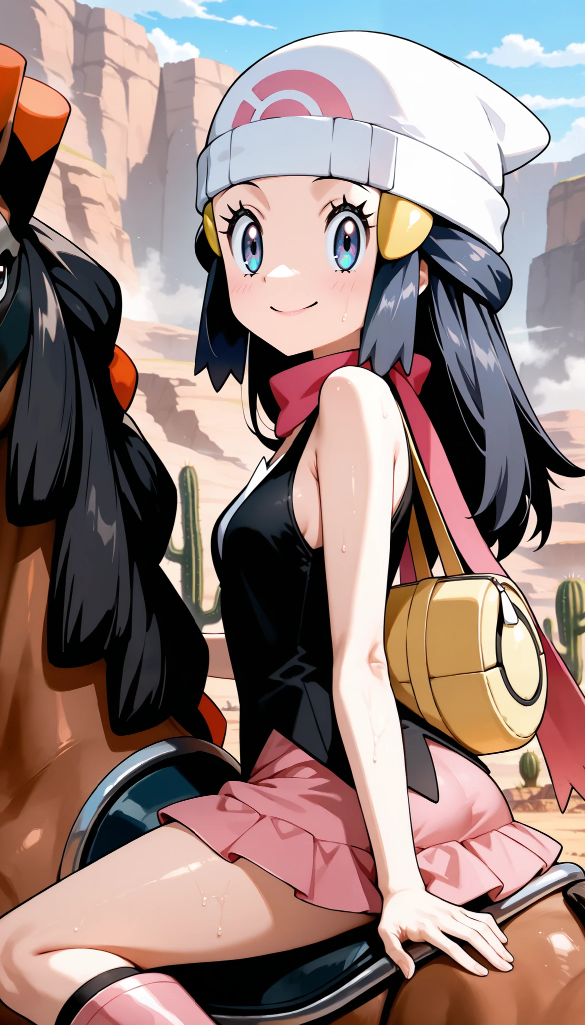 Hikari/Dawn from Pokemon, oId, BREAK, masterpiece, best quality, (amazing quality), very aesthetic, absurdres, newest,highly detailed,high-resolution,close-up portrait,female,woman,(smile),(hikari/dawn:1.2),pokemon diamond pearl,adult young hikari,darker navy hair,long hair with a pair of hairpieces,aquamarine eyes,eyesHD, detailed simple eyes, high definition eyes,long hair,white beanie,fair skin,glossy texture,pink lips,pink scarf,black vest-like sleeveless dress,pink short skirt,yellow sling backpack,pink boots, sweaty,heat sunny,focused subject,sharp focus,medium depth of field,te.enager, motherly and nurturing expression,from the side,clean lines,smooth lines,sharp,masterpiece, best quality, amazing quality, very aesthetic, absurdres, newest, nighttime, BREAK, eyesHD, high gradient eyes, detailed eyes, high definition eyes, BREAK, SFW natural small breasts, thick fleshy sexy mommys arms, very skimpy slingshot bikini, BREAK, (view from top - her and a pokemon mudsdale), hikari/dawn riding on top of mudsdales back, Dawn riding on a horse pokemon in a canyon, riding a horse, cactus, wide ambient view,