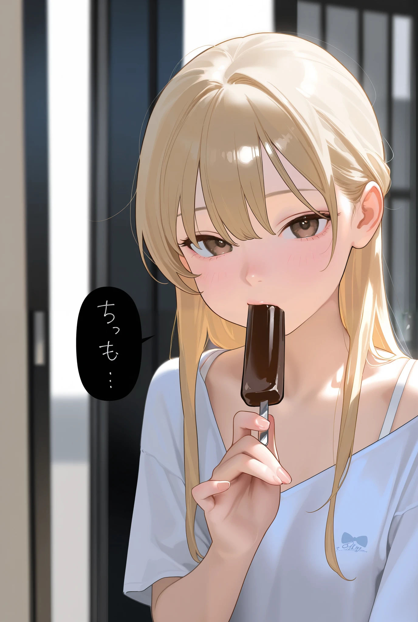 photorealistic、 doll is eating a chocolate ice bar
