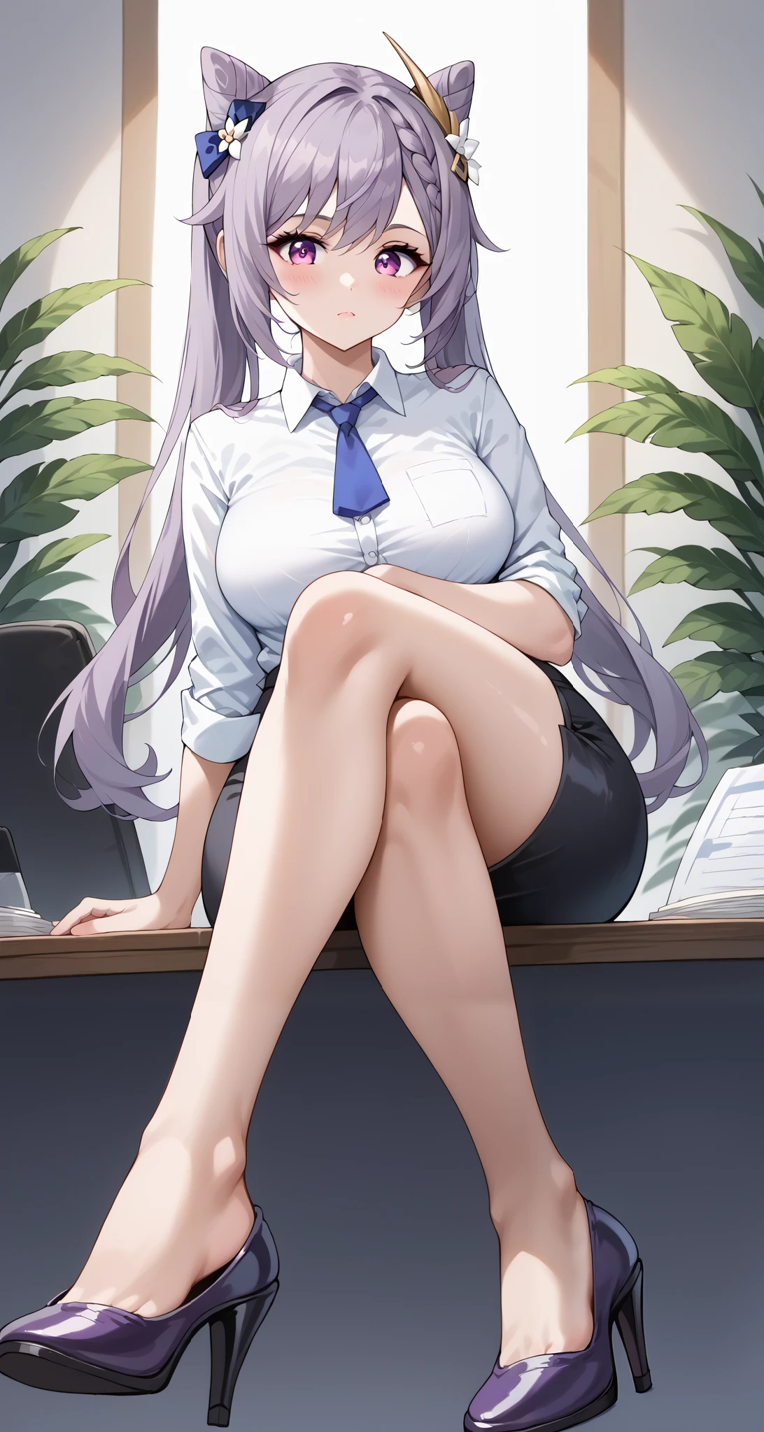 score_9, score_8_up, score_7_up, source_anime, 4K,perfect fingers,(perfect hands, perfect anatomy),prefect lighting, very aesthetic, intricate details,highly detailed background, masterpiece, high quality, best quality,
1girl,solo keqing, keqing, braid, cone hair bun, hair bun, hair ornament, long hair, purple eyes, purple hair,large breast,
wearing ((office lady,white collared shirt, black mini skirt, pencil skirt,)),,
((Sitting with legs crossed:1.5)),The whole body, even the toes, See the audience at your feet、Looking down、Looking Down、Pushing the shoe out to the viewer、thrust one's high-heeled feet towards the viewer、