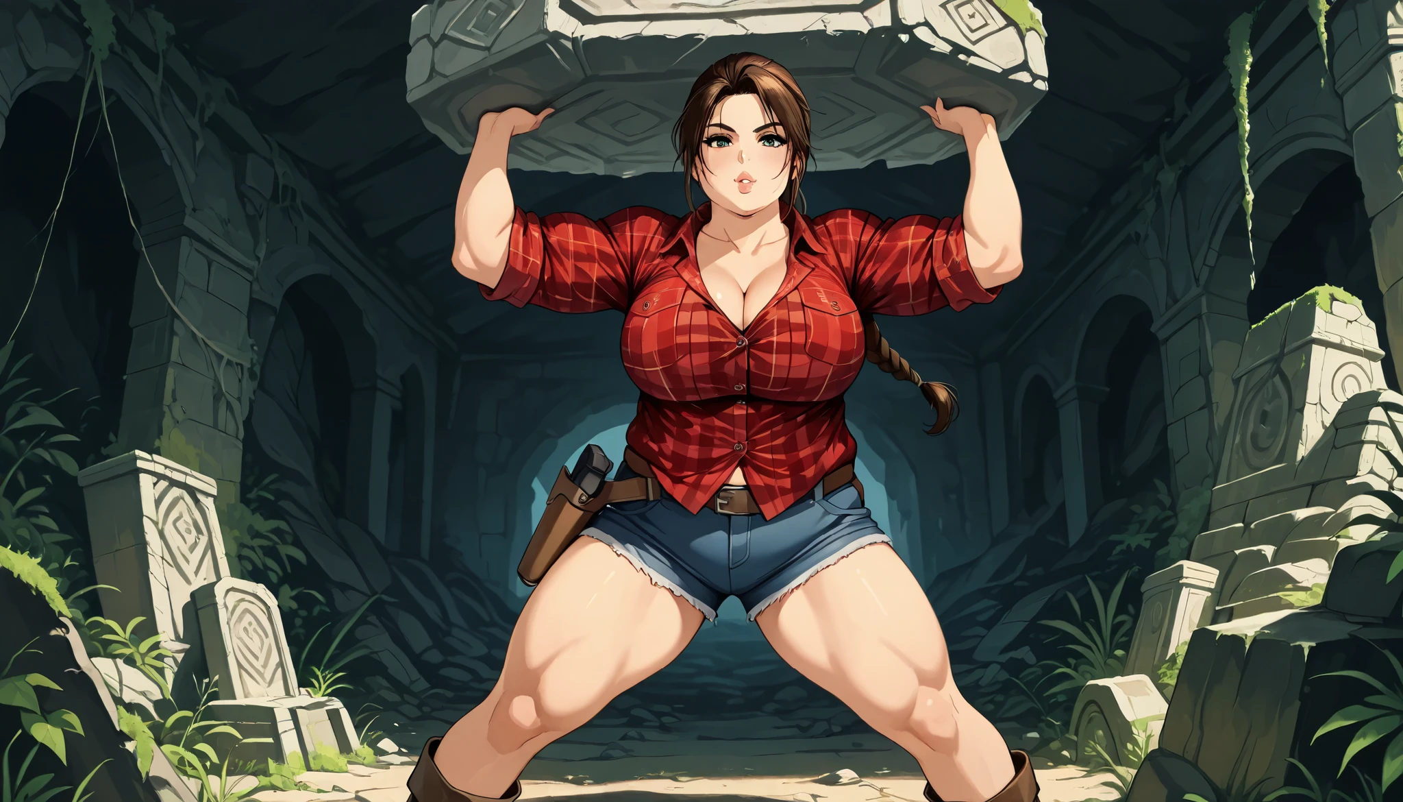 chubby lara croft in button down shirt lifting stone slab in the overgrown underground ancient temple ruins, cute, sassy, chubby, lara croft, (fat), ((double chin)), full lips, muscular, braid, ((((plaid flannel button down shirt)))), (collarbone), (rolled up sleeves), pockets, (untucked shirt), cleavage, (jeans cutoff shorts), legs, belt, holster, boots, , muscular, looking at viewer, ((lifting stone slab)), dynamic pose, arms raised, underground ancient ruins, torches, vegetation, detailed