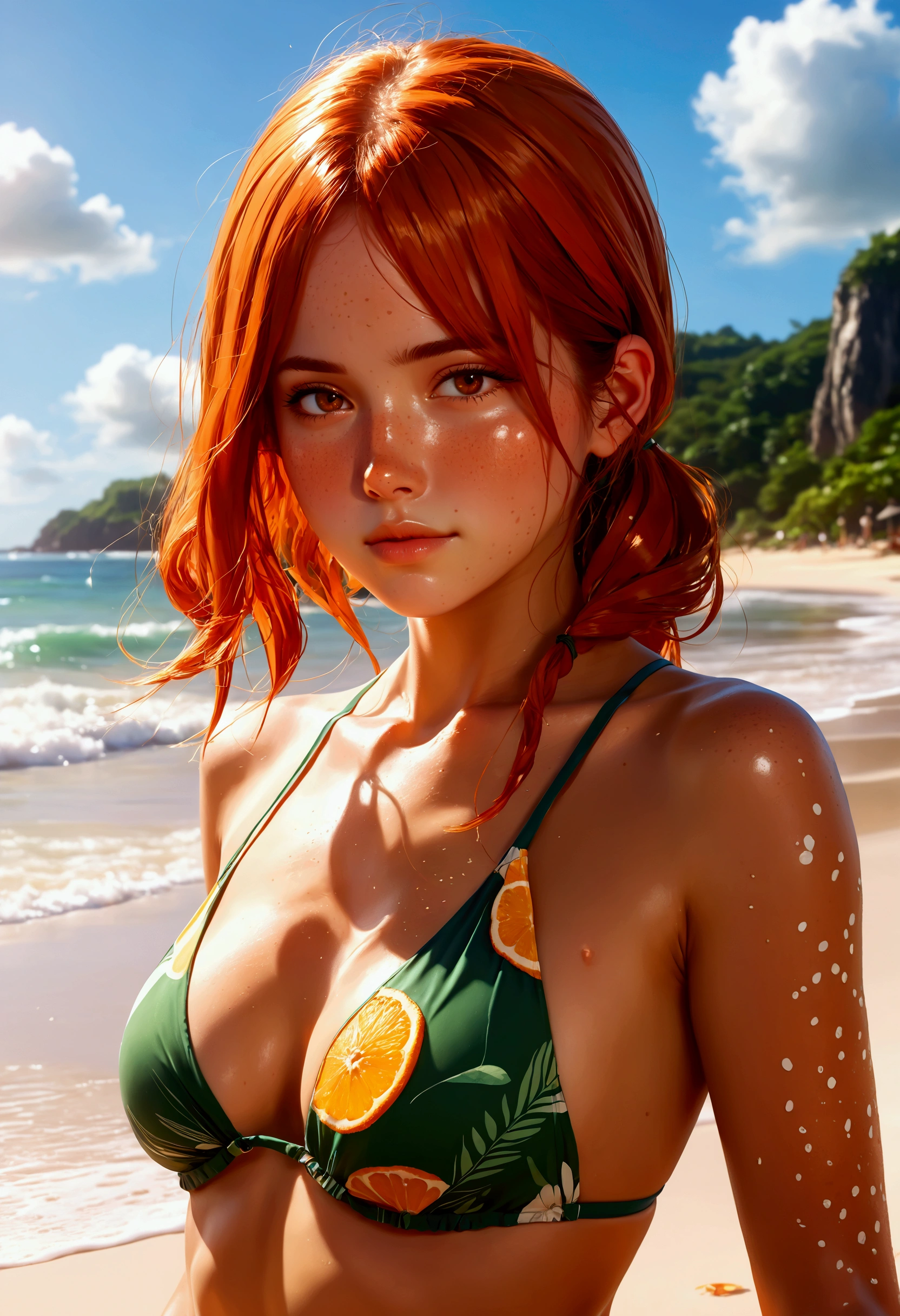 tanned brazilian woman with brown orange colored hair with freckles on nose and cheeks at Brazilian beach. wearing a two piece swim suitat bar tanned so skin is more orangeish beige,, anime masterpiece, soft lighting, intricate, highly detailed, pixiv, anime art, 4k, art from your name anime, garden of words style art, high quality, tanned brazilian woman with brown orange colored hair with freckles on nose and cheeks at Brazilian beach. wearing a two piece swim suitat bar tanned so skin is more orangeish beige,, (studio ghibli style art:1.3), sharp, very detailed, high resolution, inspired by hayao miyazaki, anime, art from ghibli movie