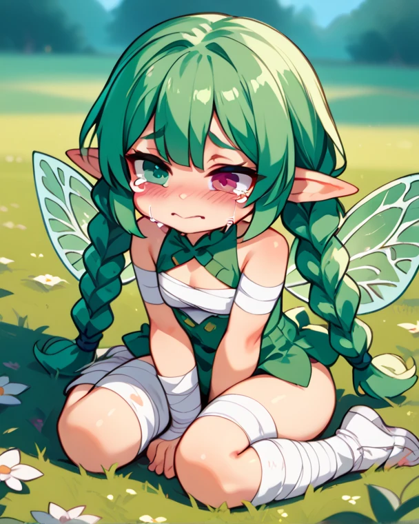 ((naked)), Chubby,very small in height, ((many tears)),cowgirl position, squatting, ((spread legs)),((pointy ears)),((elves)),in forest,(1girl),((low angle))