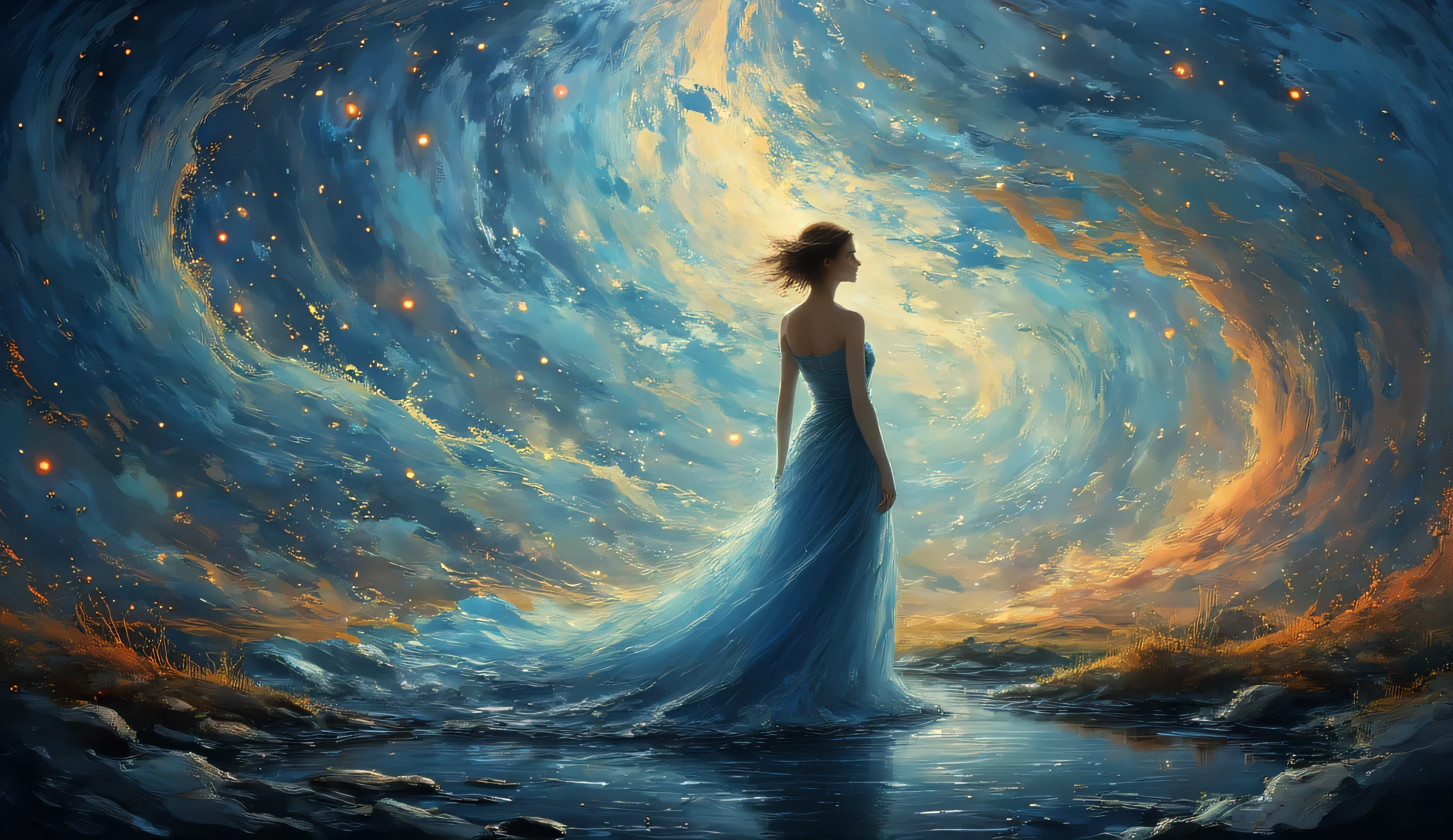 The image features a stunning scene where a figure in a flowing, elegant dress stands gracefully amidst a backdrop of swirling colors and abstract forms. The dress, with shades of blue and hints of other colors, appears to be inspired by water, enhancing the ethereal quality of the scene. The background is alive with vibrant colors, displaying soft blues, fiery oranges, and hints of pink, creating a striking contrast against the figure. The surrounding landscape evokes a dreamlike quality, with fluid shapes and textures that resemble waves and natural formations. Overall, the image conveys a sense of movement, beauty, and harmony with nature.