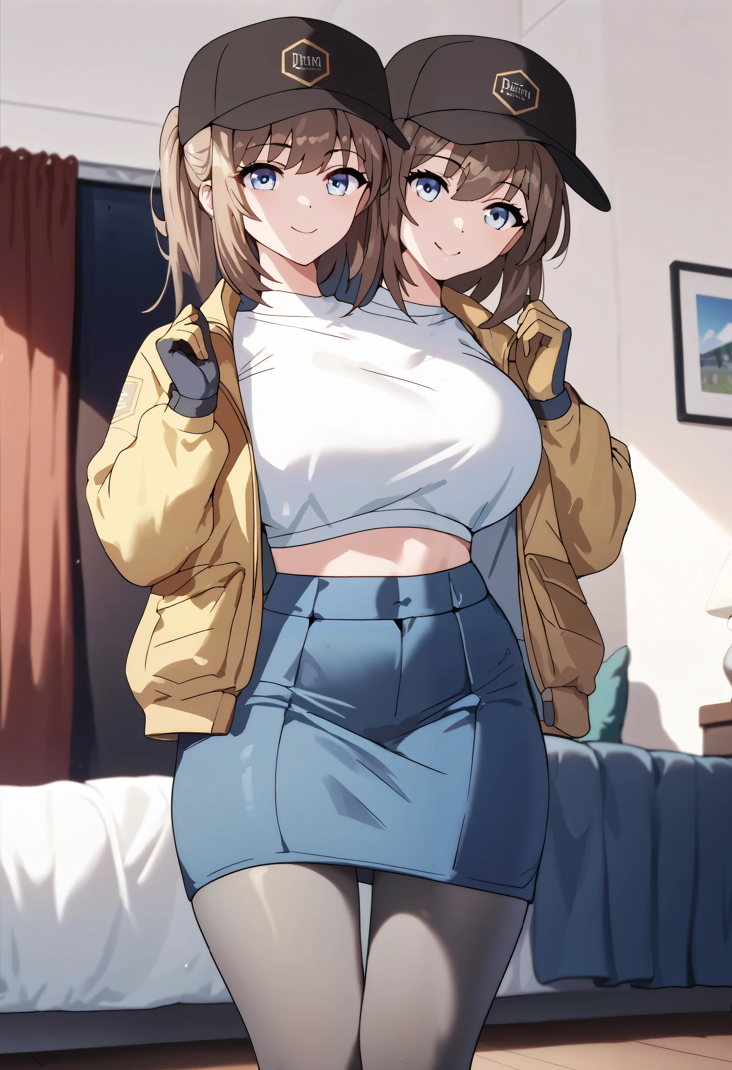 2heads, a tall thin woman with 2 heads, dima, brown hair, blue eyes, grinning, baseball cap, yellow jacket, walkie-talkie, gloves, skirt, pantyhose, She is inside a bedroom. large breasts.