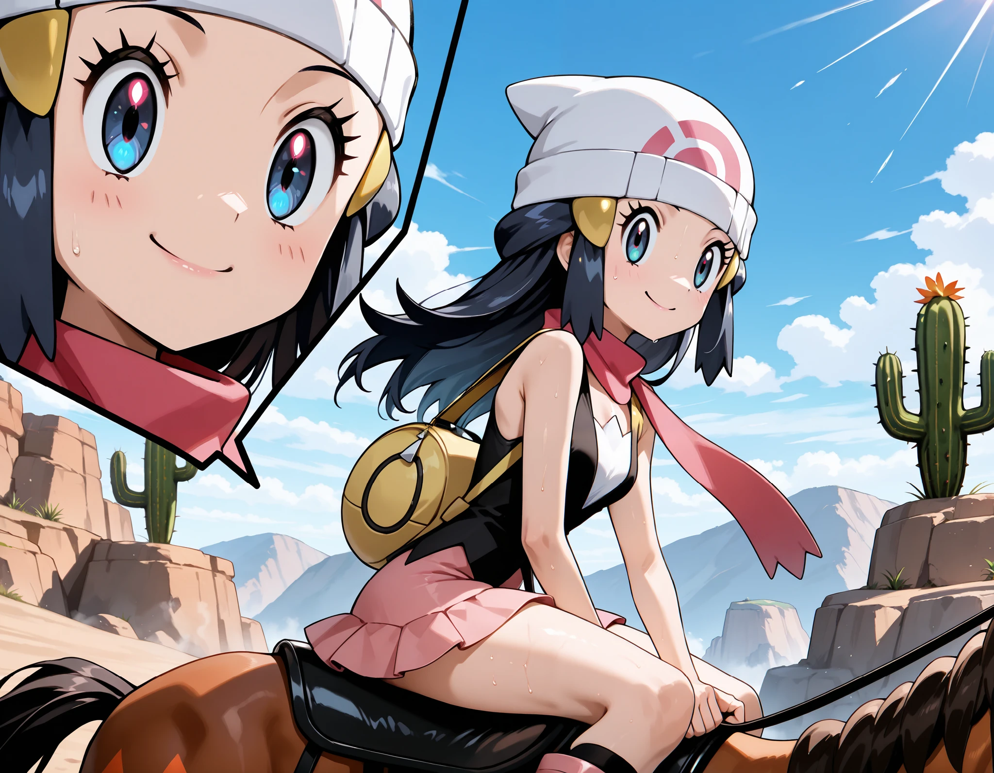 Hikari/Dawn from Pokemon, oId, BREAK, masterpiece, best quality, (amazing quality), very aesthetic, absurdres, newest,highly detailed,high-resolution,close-up portrait,female,woman,(smile),(hikari/dawn:1.2),pokemon diamond pearl,adult young hikari,d navy hair,long hair with a pair of hairpieces,aquamarine eyes,eyesHD, detailed simple eyes, high definition eyes,long hair,white beanie,fair skin,glossy texture,pink lips,pink scarf,black vest-like sleeveless dress,pink short skirt,yellow sling backpack,pink boots, sweaty,heat sunny,focused subject,sharp focus,medium depth of field,te.enager, motherly and nurturing expression,from the side,clean lines,smooth lines,sharp,masterpiece, best quality, amazing quality, very aesthetic, absurdres, newest, nighttime, BREAK, eyesHD, high gradient eyes, detailed eyes, high definition eyes, BREAK, SFW natural small breasts, thick fleshy sexy mommys arms, very skimpy slingshot bikini, BREAK, (view from top - her and a pokemon mudsdale), hikari/dawn riding on top of muscled mudsdales back, Dawn riding on a burly muscled horse pokemon in a canyon, riding a horse, holding the reins, sitting on a saddle with their feet in the stirrups, cactus, wide ambient view,