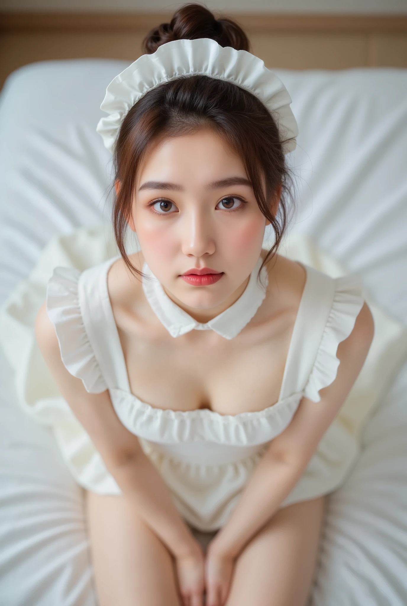 score_9, score_8_up , score_7_up , realistic, photo, detailed face and eyes, detailed skin, maid clothes,20 years old,cute girl,Narrow shoulders, white skin,Thin arms,(younger:1.5),(skinny:1.1),(Lanky:1.1),(Tiny ),(),, bed, small breasts,skinny,Lanky,short,thin body,younger,cute young girl,Narrow shoulders, realistic , Japanese,From above