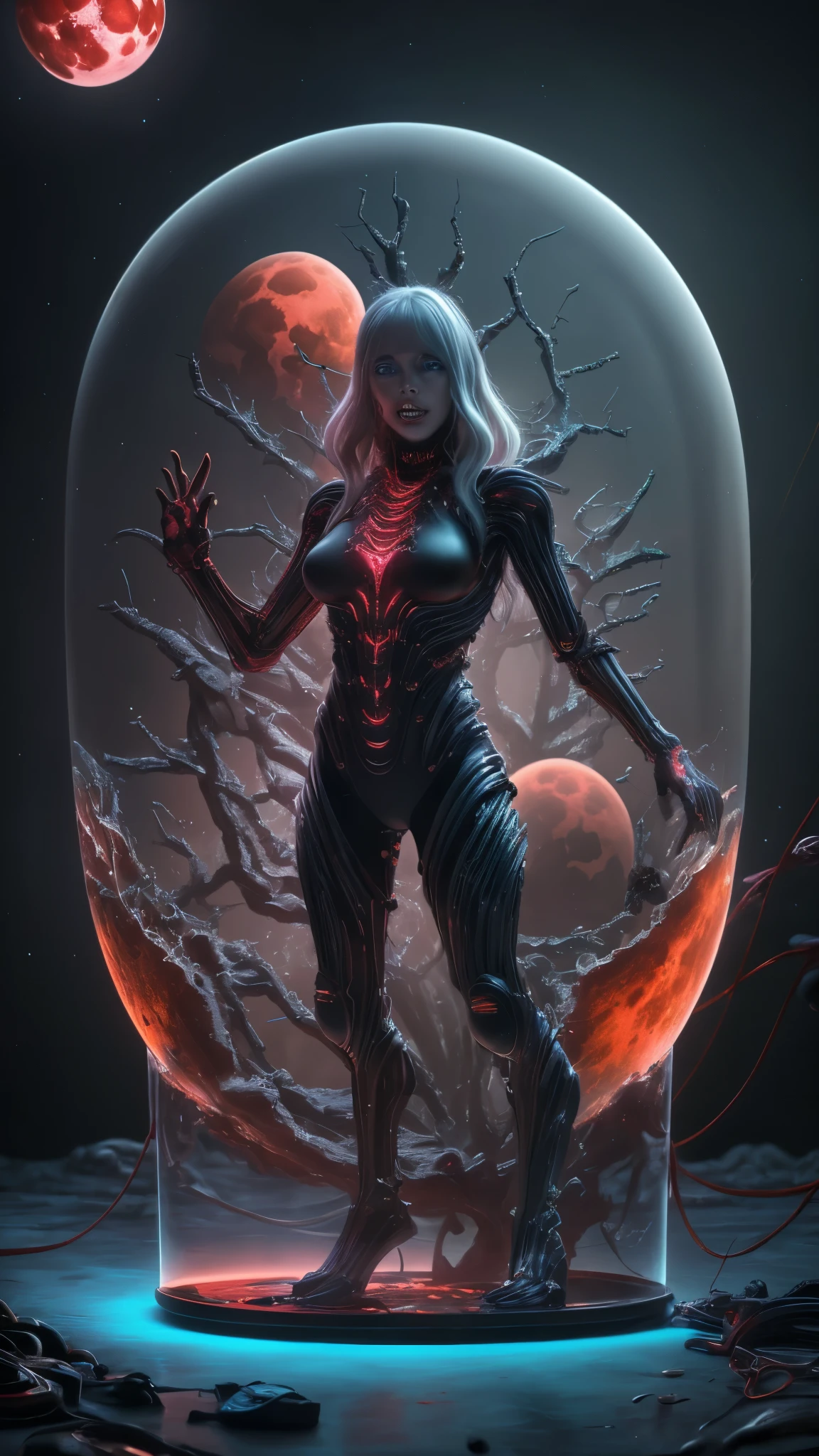 Vertical digital illustration surreal and visionary art mixed , ((cosmic terror)), ((no humans), no human, , sci-fi , to wide angle city buildings with carbon fiber , multidimensional creatures based carbon fiber life, the city It feeds on blood, neon lights, post apocalyptic, multichromatic, devil creatures, Encapsulated nature, tree inside a glass capsule, blood moon Vanishing , ((capsules_ blood human_biobattery, unified theory, hr giger, frank Frasetta, Alex Gray, dark psychodelic, vivid color)) depth of fie, motors, wires, buttons, lcd, artstation trending, unreal engine 5