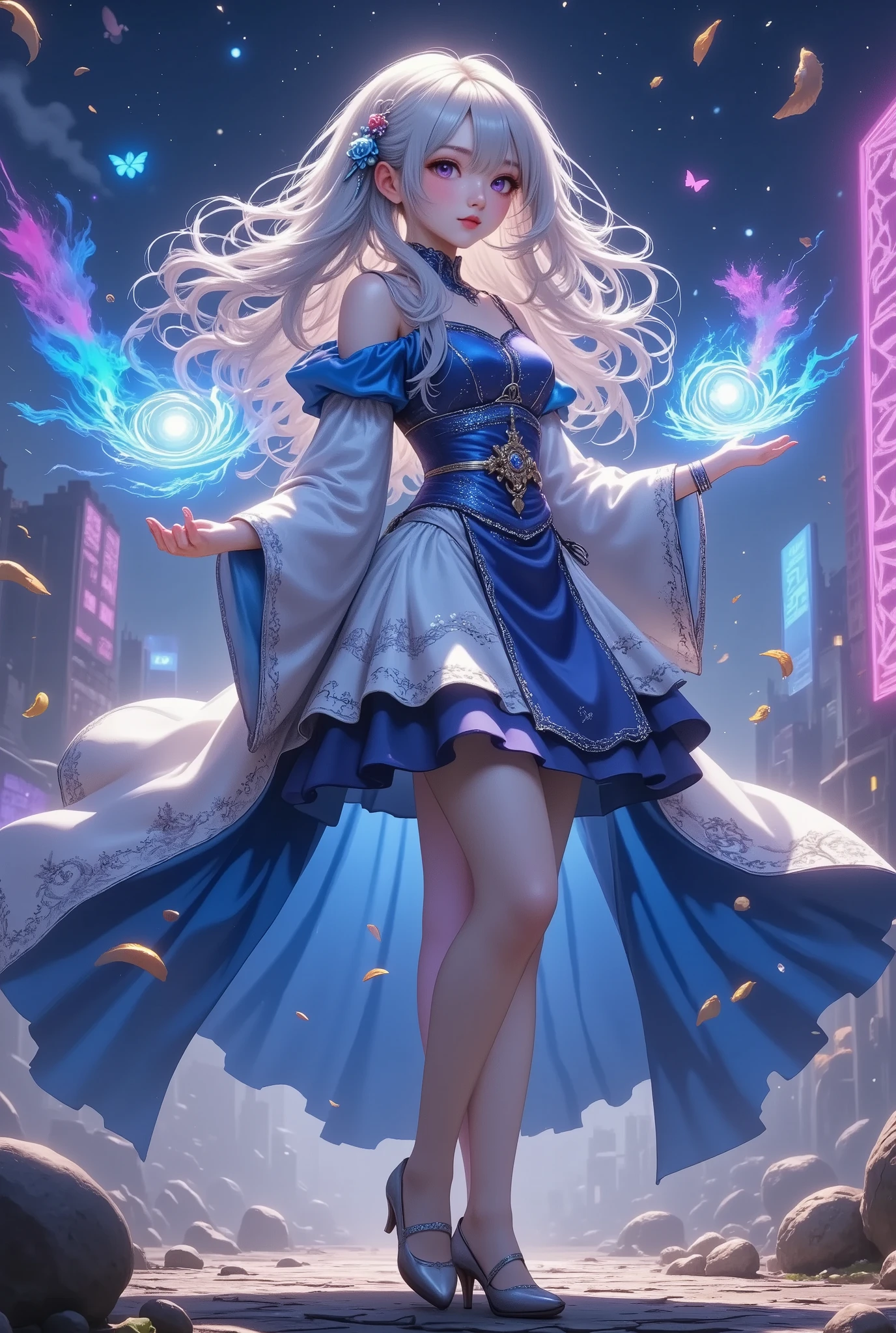 A beautifully elegant sorceress with silver curly hair and deep purple eyes, wearing an ornate blue and white dress with intricate ribbons and a flowing long coat. She stands confidently, one hand gracefully adjusting her ribbon while the other conjures glowing magical energy. Neon blue sigils form in the air, surrounded by floating light particles. The wind lifts her dress and long fabric, adding a sense of movement. The background is a magical city skyline under a starry night, illuminated by ethereal light. Dynamic lighting enhances her presence, with glow effects highlighting her silhouette. The composition is ultra-detailed, high resolution, and cinematic, creating an enchanting and majestic atmosphere.