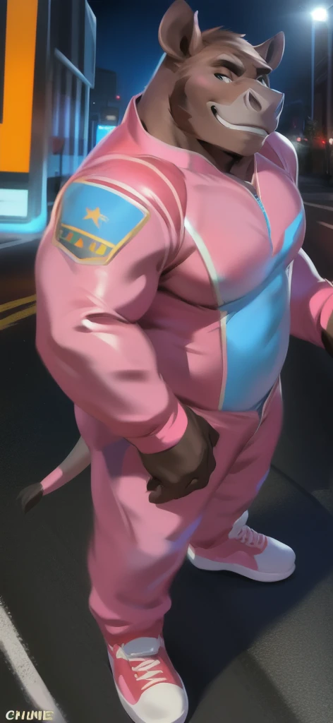 Highest quality, Highest quality, High quality illustrations, masterpiece, Ultra-high resolution, Detailed Background, Jail, Absurd, Perfect Anatomy, performance, Good lighting, Shadows in the movies(kemono, Furry Personifi猫ion), horse, Muscle Body, Rubber Suit, latex, neon, neonライト, neonカラー, Bodysuits, Cyber Suit, Mech Suit, cyber punk, Red harness, Rubber mask, Hoof Gloves, Hands restrained behind your back, big null bulge, Dynamic Angle