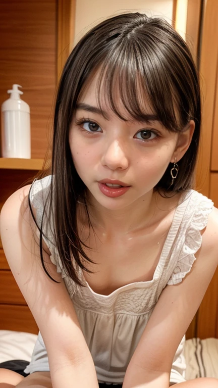 An 18-year-old girl, with long, straight hair. His eyes are green and bright. She is thin and has a friendly, confident expression. Her skin is fair and smooth, with a slight blush on her cheeks. She is wearing a casual blouse and jeans, in an outdoor setting with soft natural light, highlighting her delicate facial features and shiny hair.
She is in her room without panties or shorts